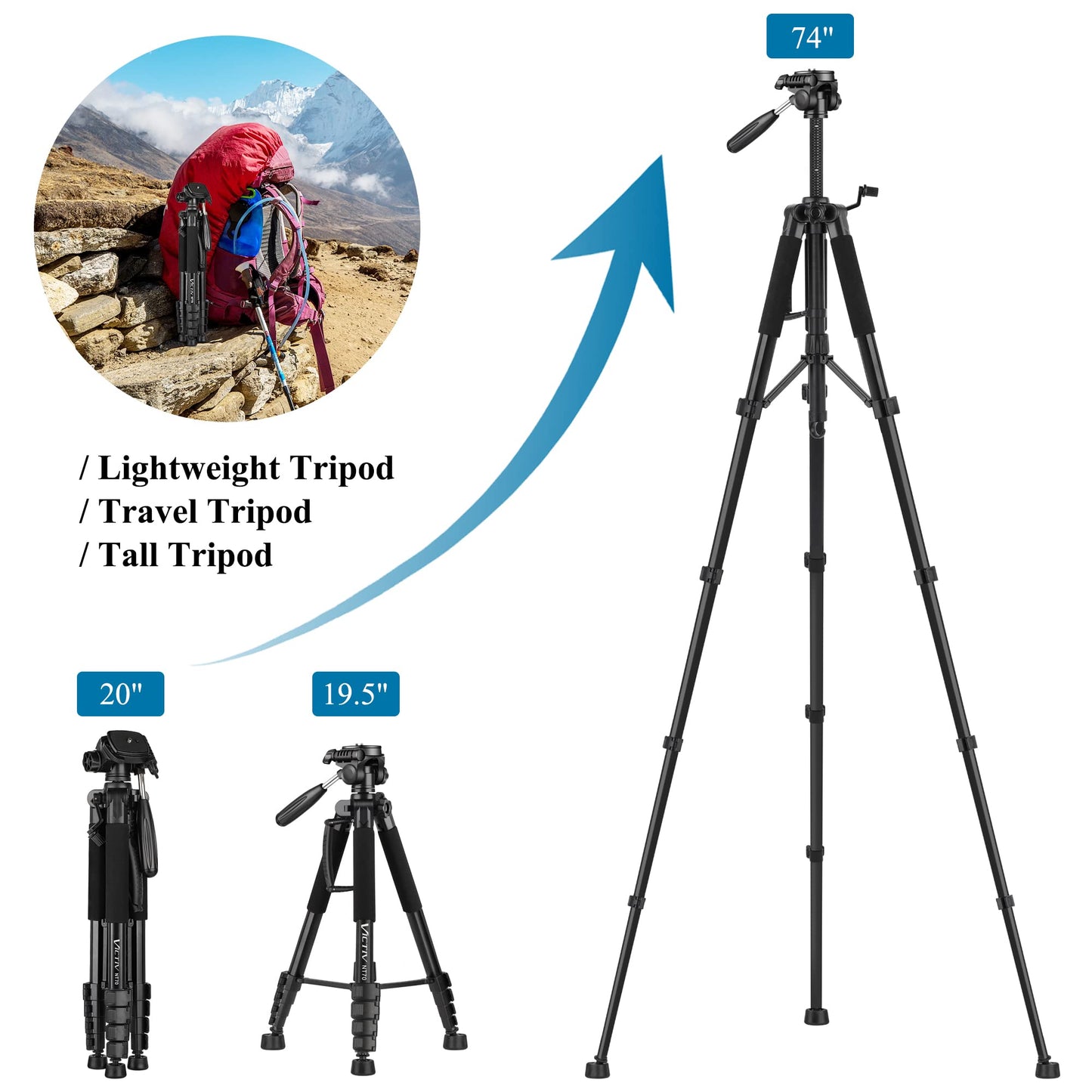 VICTIV 74” Camera Tripod, Tripod for Camera and Phone, Aluminum Professional Tripod Stand for Canon Nikon with Carry Bag and Phone Holder, Compatible