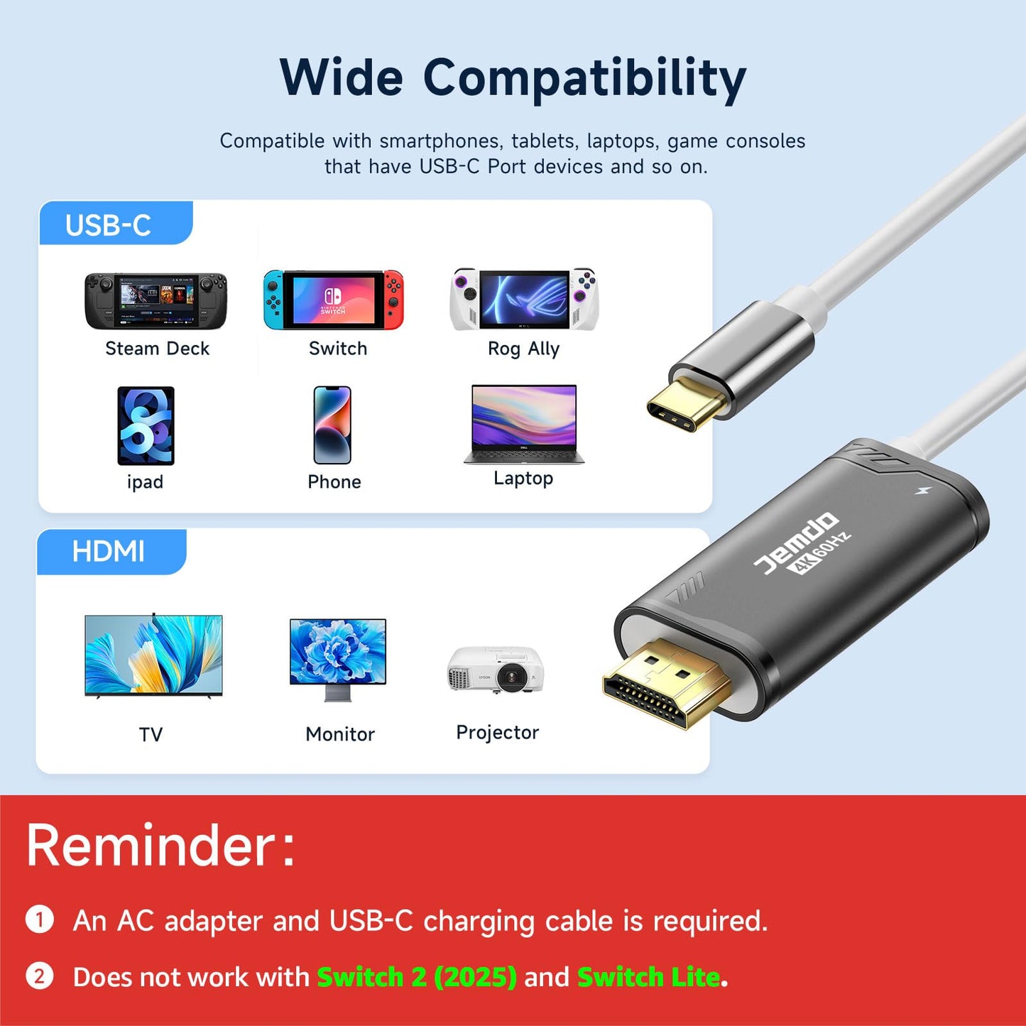 JINGDU USB C to HDMI Cable Compatible with Nintendo Switch 2017/OLED, USB-C HDMI Cable Replaces The Original Switch Dock for TV Screen