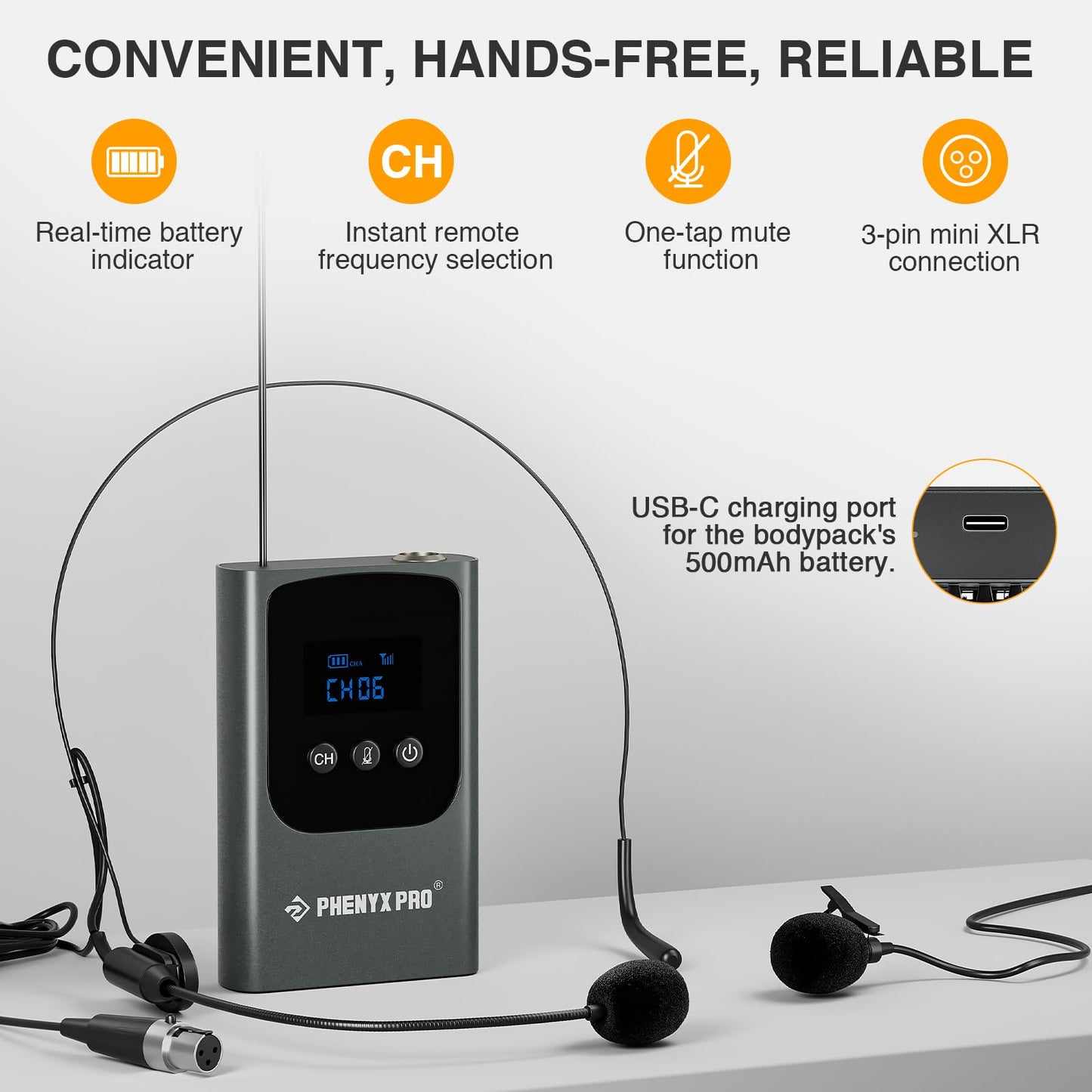 Phenyx Pro Dual Digital Wireless Microphone System, Portable Mini Receiver, 2x15 UHF Frequencies, 2 Bodypack Transmitters, Headset/Lapel Microphone