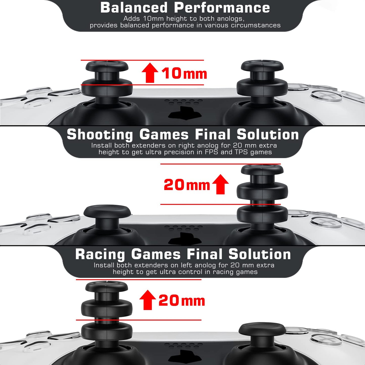 PlayRealm NO FALLING OFF Thumbstick Extender & Silicone Grip Cover 2 Sets for PS5 & PS4 Controller (Ghost White)