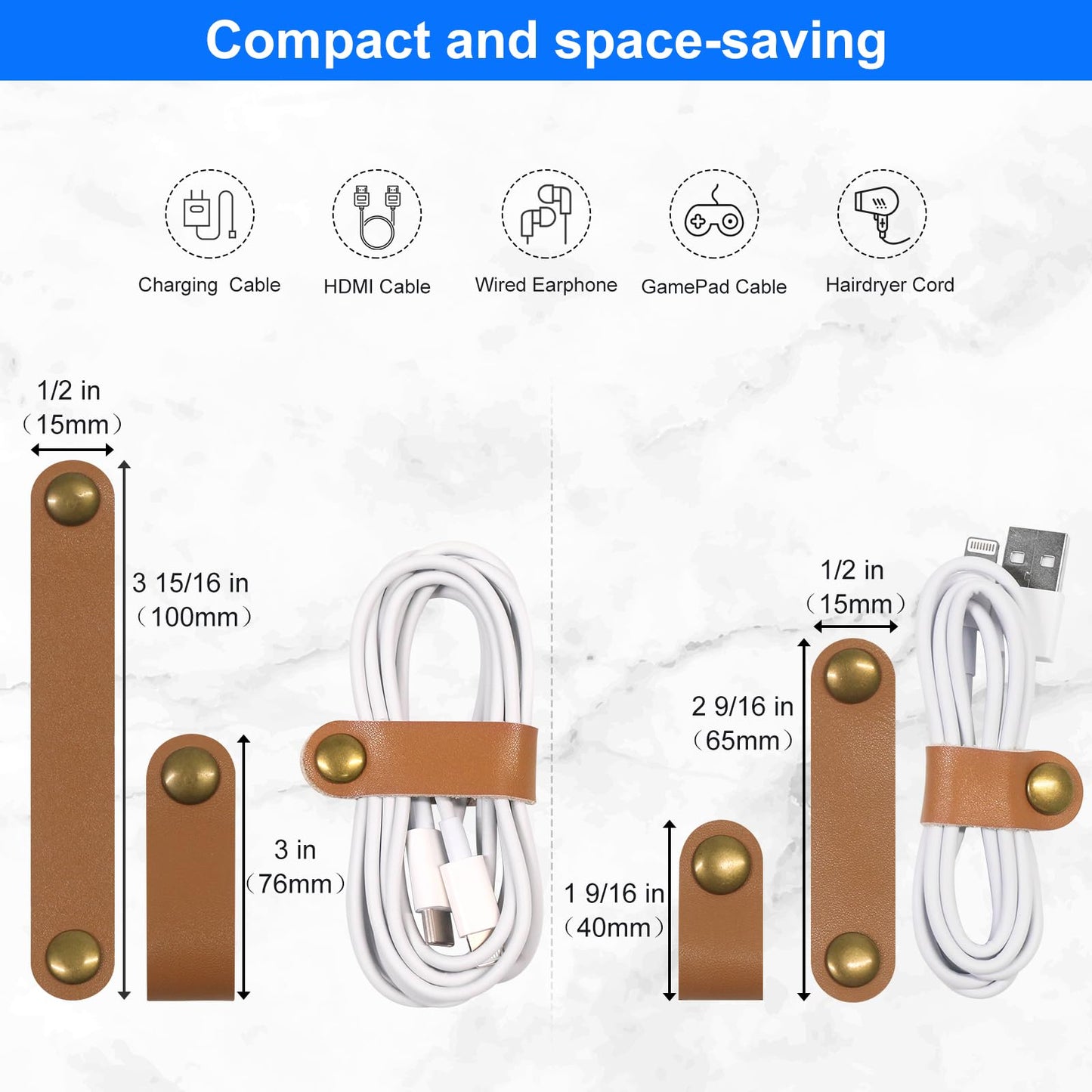 Coideal Leather Cable Ties Organizer, 20 Pcs Earphone Cable Straps Reusable USB Cord Keeper with Snap Cord Clips Holder for Phone (Short + Long