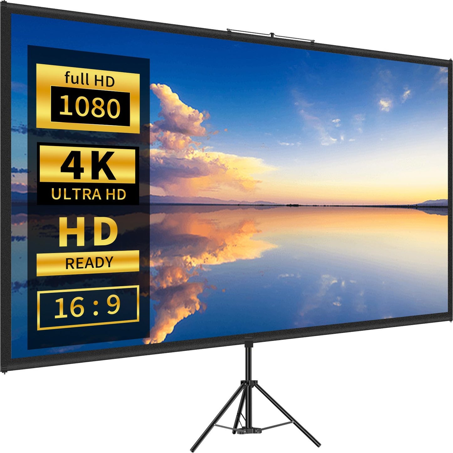 Tripod Projector Screen with Stand 90 inch 16:9 4K HD Projection Screen Stand Wrinkle-Free Height Adjustable Portable Screen for Projector Indoor