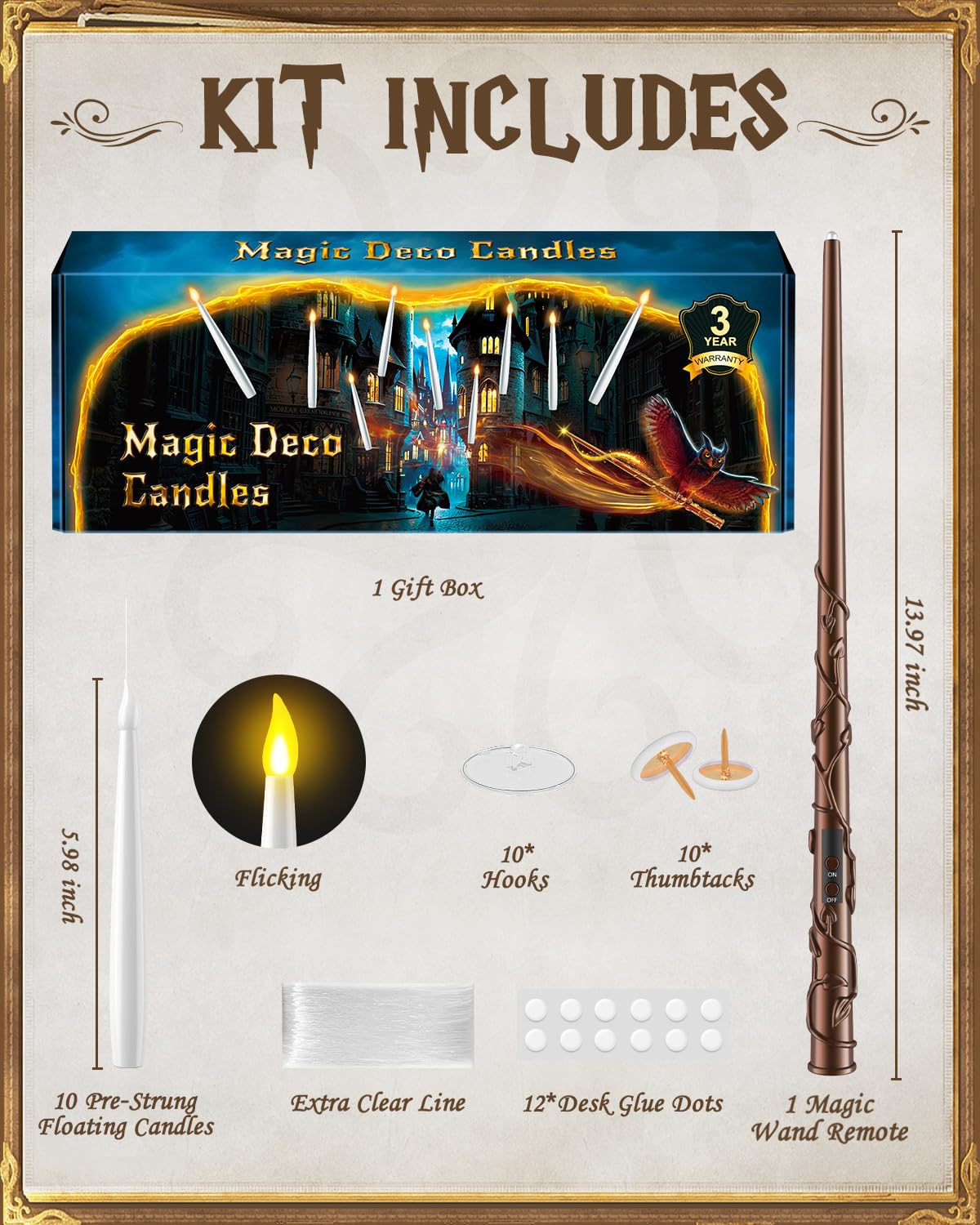 Floating Candles with Wand - Christmas Magic Hanging Flameless Candles Taper Candles with Remote for Halloween Window Home Bedroom Birthday Party