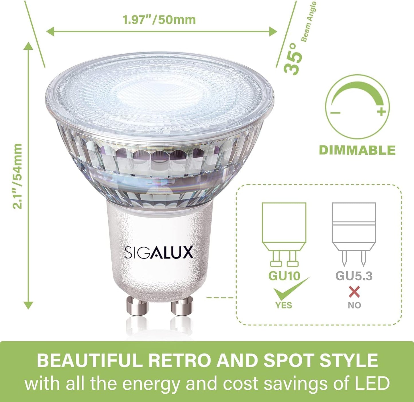 Sigalux GU10 LED Light Bulbs, Dimmable 5000K Daylight White Natural Light, 4.5W 450LM, MR16 LED Bulb Equivalent 50W Halogen Replacement, 35 Degree