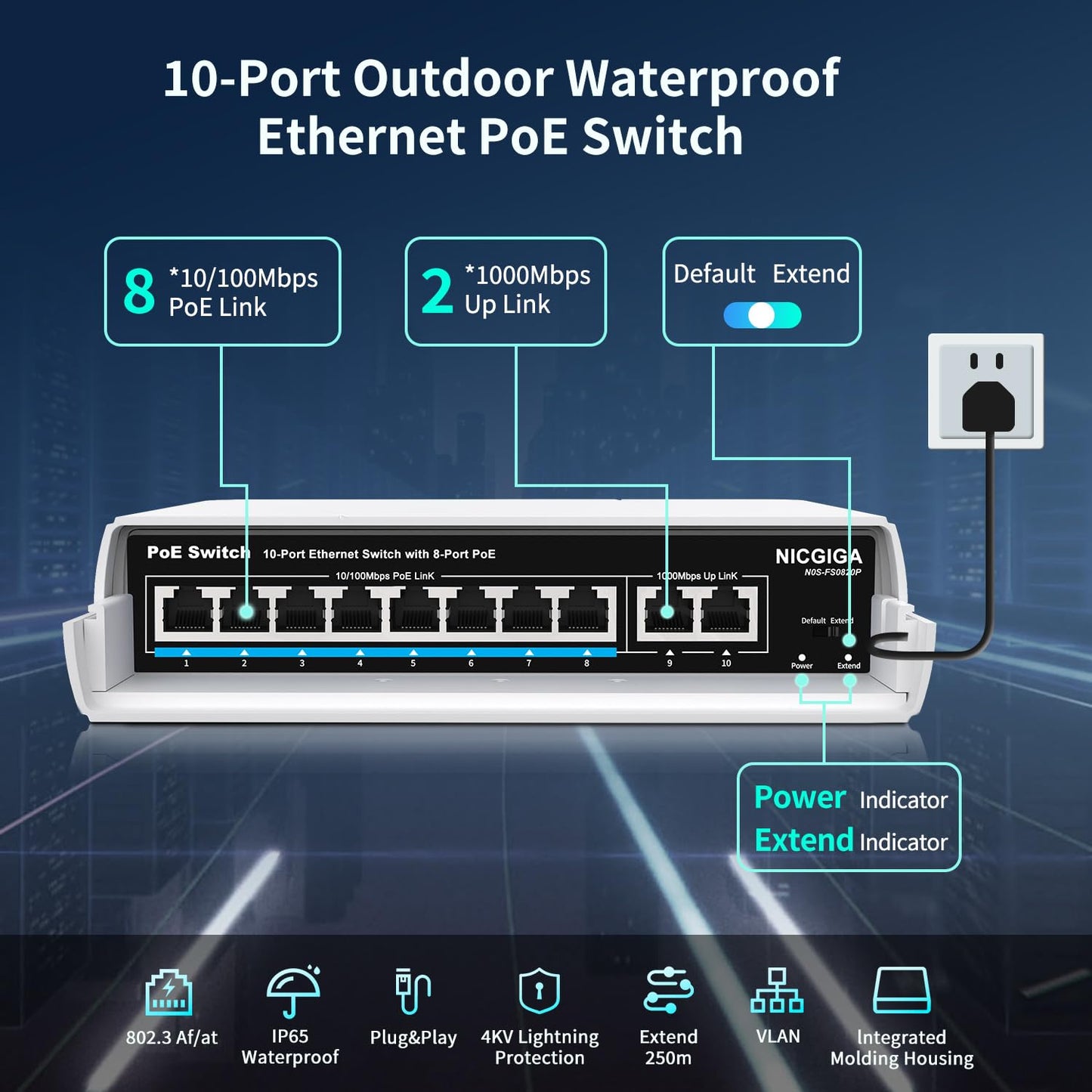 Outdoor Waterproof 8-Port PoE Switch with 8 Port PoE+@120W + Gigabit Uplink Port, 10 Port IEEE802.3af/at Power Over Ethernet Switch Unmanaged