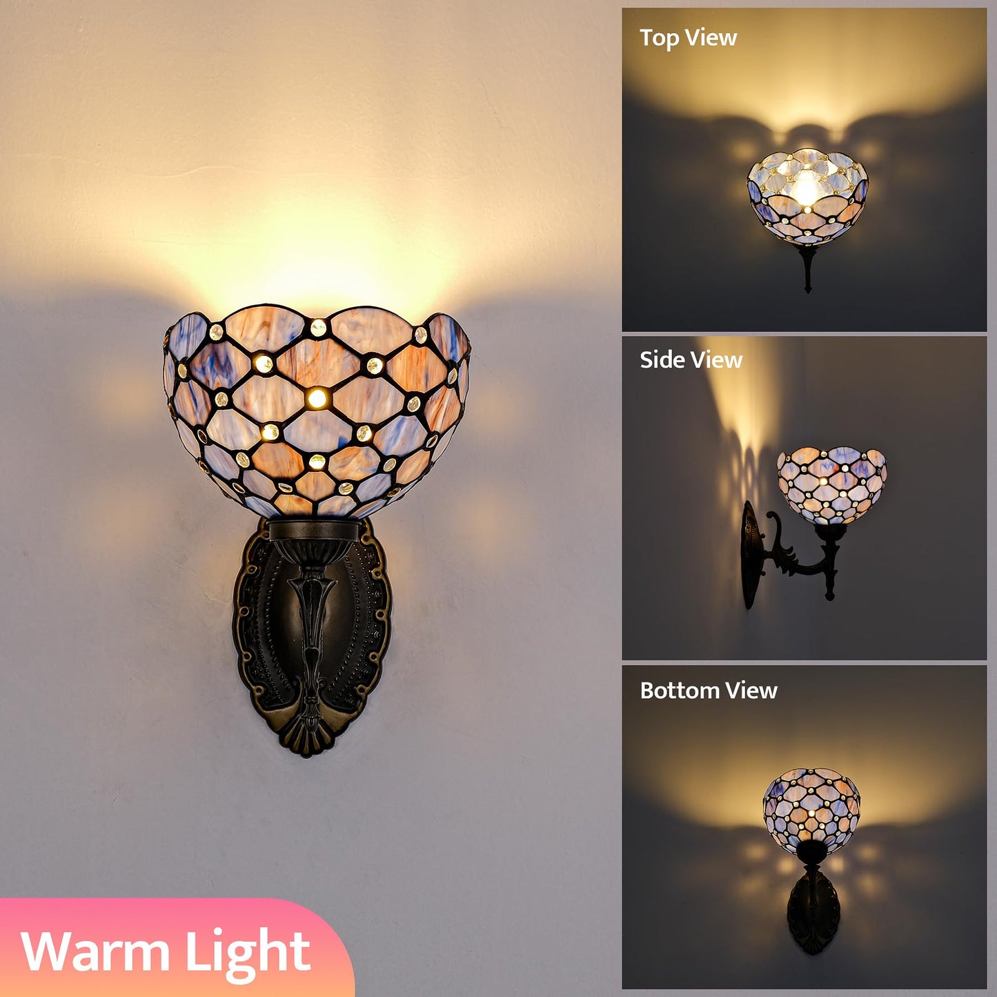 GILGGAK Tiffany Wall Sconce Hand-Weld Stained Glass Bedside Lamp with Classic 8 Inches Lampshade for Bedroom Hallway Living Room Home Office (Blue