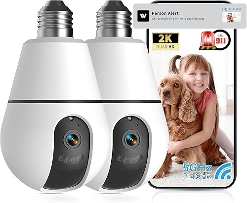 Light Bulb Security Camera,2.4G/5GHz WiFi 2K Security Cameras Wireless Outdoor Indoor,Bulb Cameras for Home Security,AI Smart