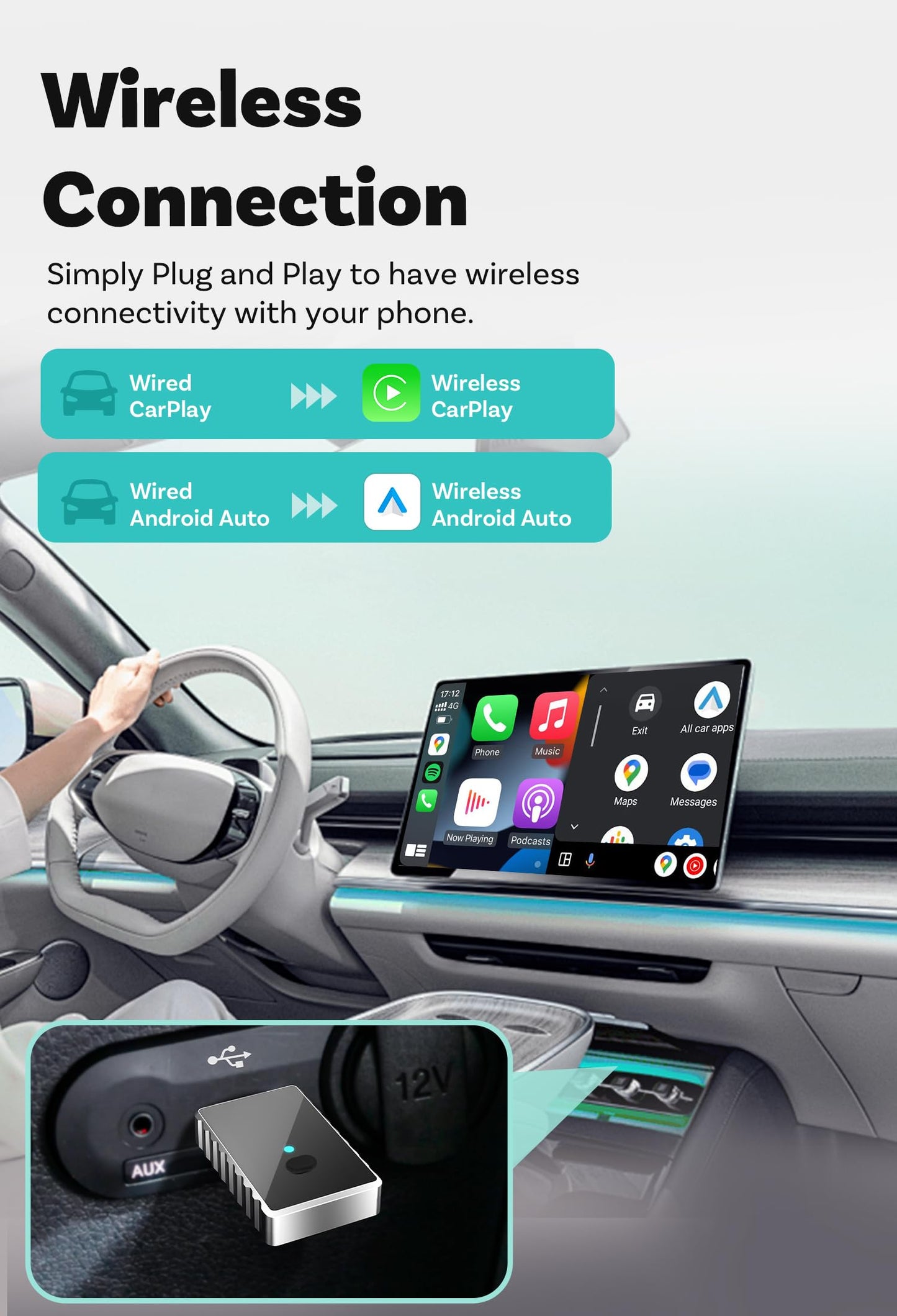 sowkim 2-in-1 Wireless CarPlay & Android Auto Adapter, One-Click User Switching Car Play Wireless Adapter, Converts Wired to Mini Bluetooth Carplay