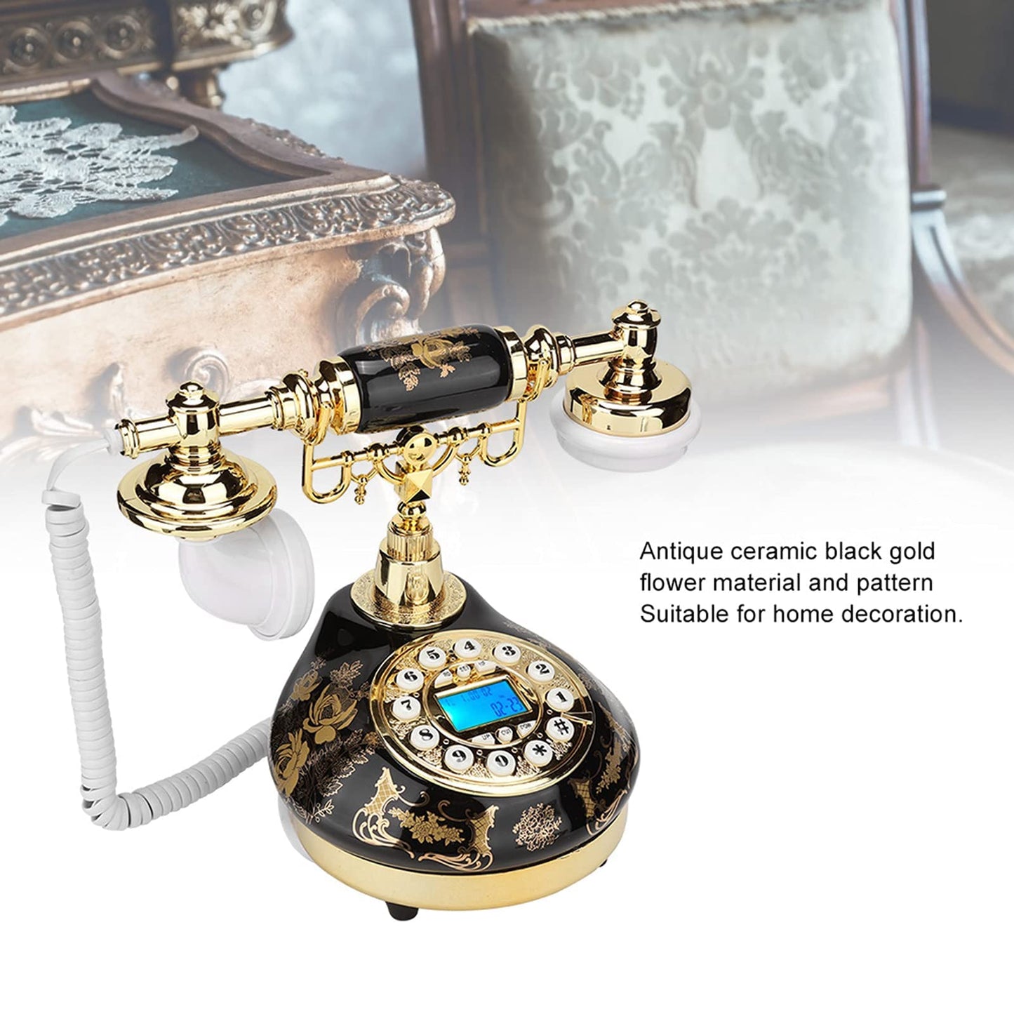 Antique Phone, Retro Ceramic Gold Flower Pattern Old Classic Landline Telephone with Dual/DTMF System Caller ID Backlit Display for Office Home Living