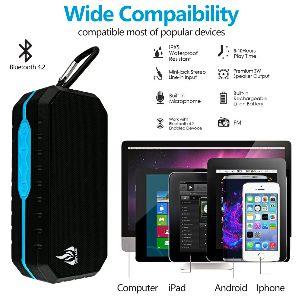 WEYANG Portable Bluetooth Speaker,IP65 Waterproof Wireless Speaker,Wireless Outdoor Bluetooth Speakers,Bluetooth 5.0,Built in micSupport Micro SD/TF