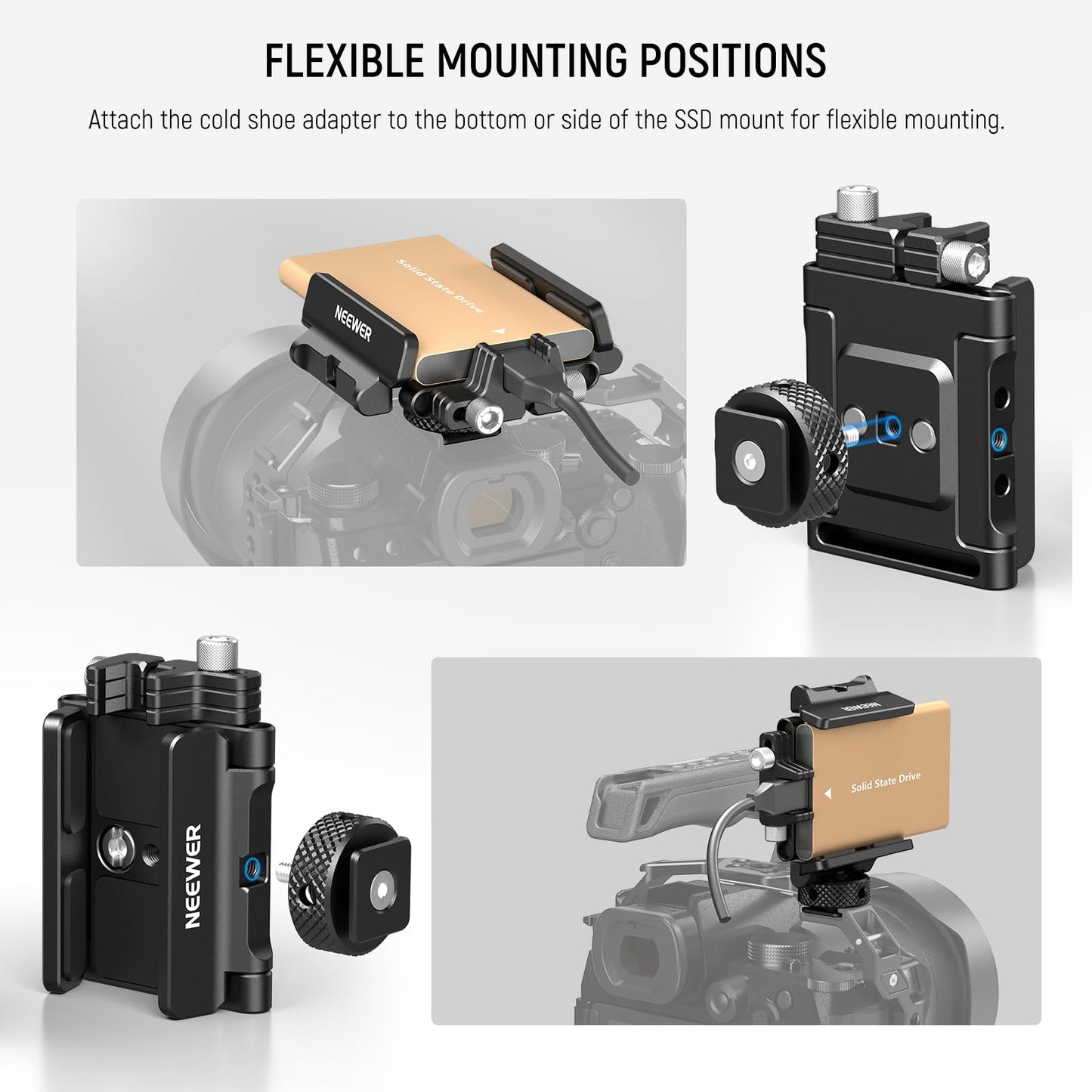 NEEWER Mount Bracket SSD Holder with Cold Shoe Cable Clamp, 1.6"-2.6" for Samsung T5 T7 SSD SanDisk Compatible with SmallRig Cage for BMPCC 4K 6K