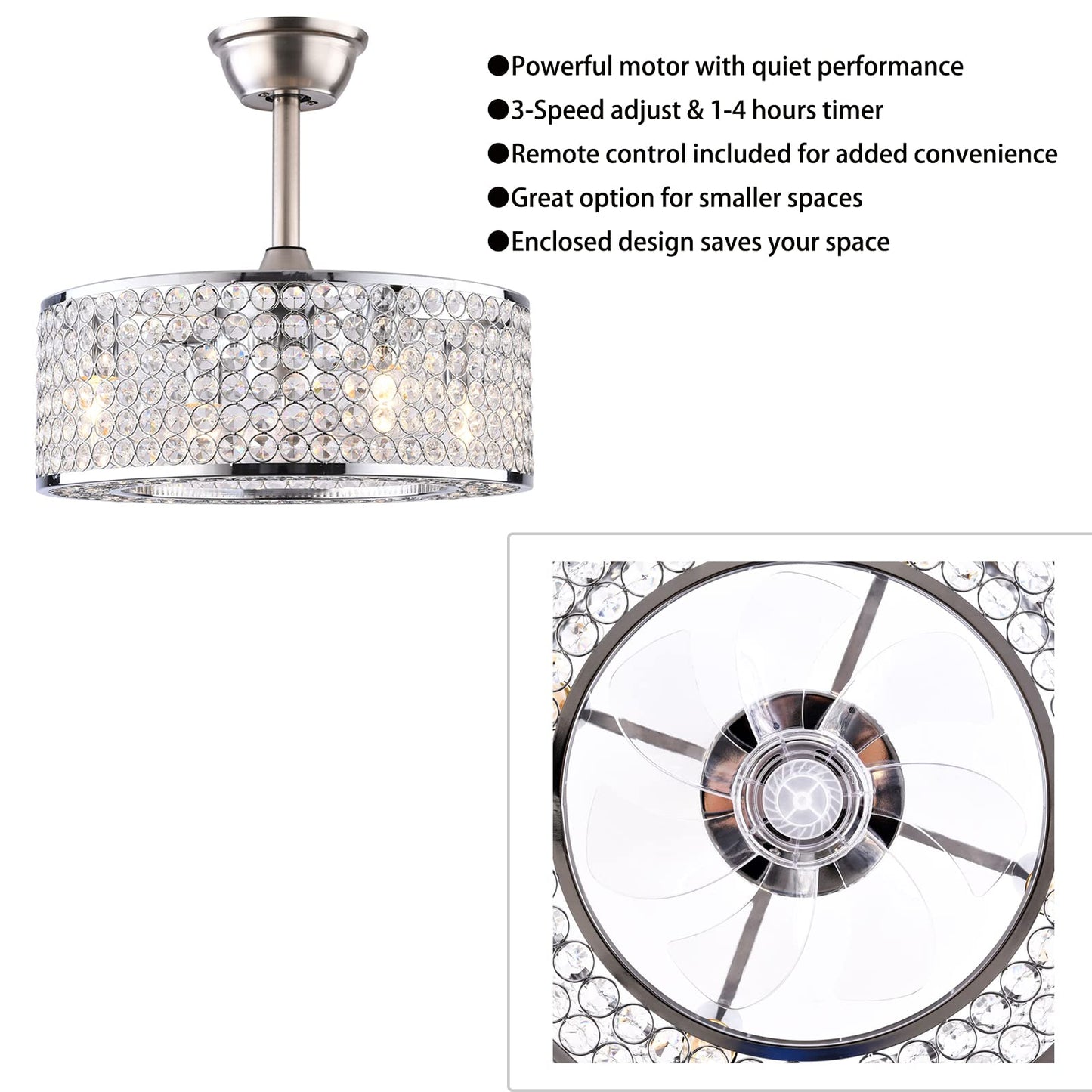 WUSILILU 18" Crystal Caged Ceiling Fan with Lights and Remote, 3-Speed Adjustment, 3 Fan Timing Options, Sleep Shutdown, Chandelier Fan for Bedroom