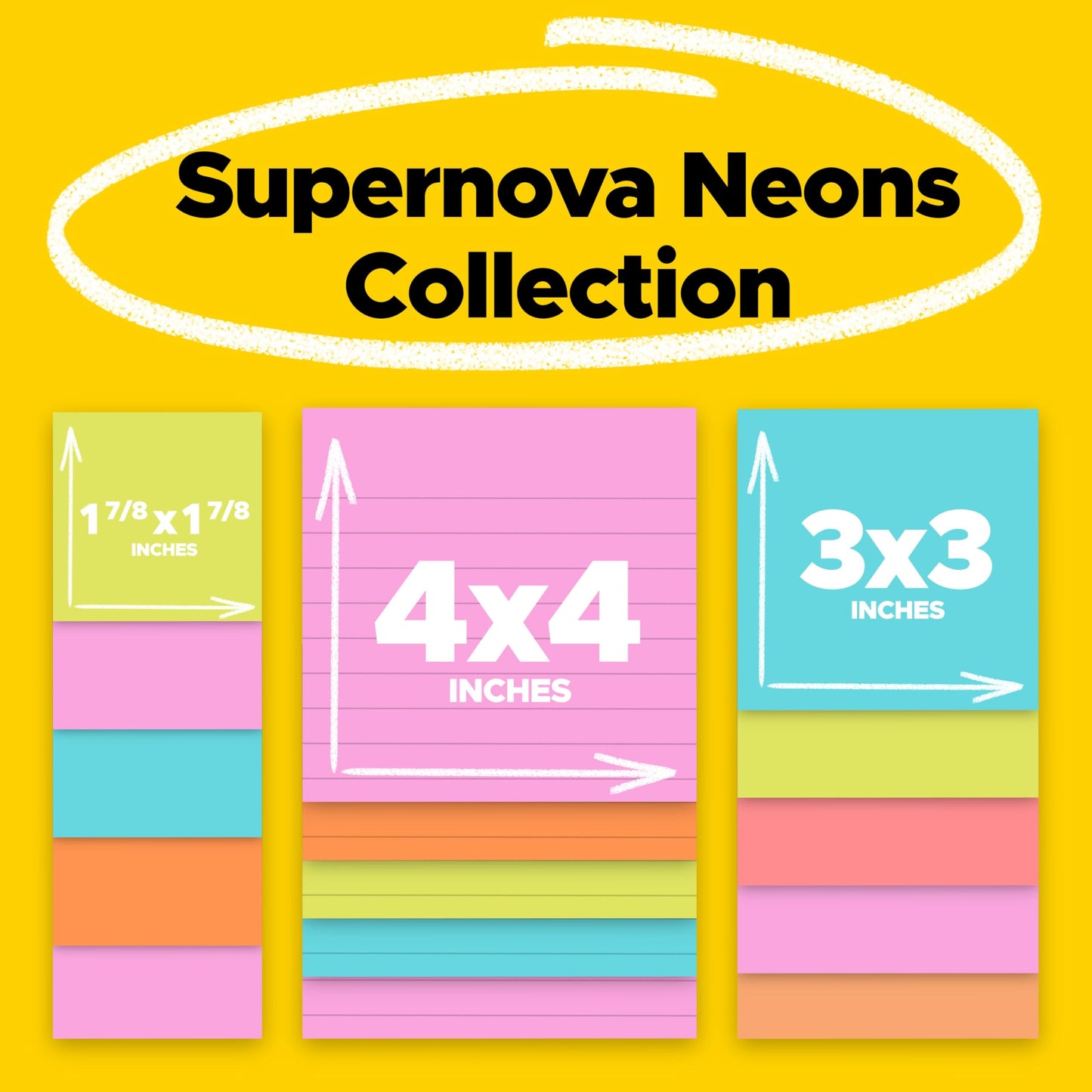 Post-it Super Sticky Notes, Multi-Size, Supernova Neons, 15 Lined Pads