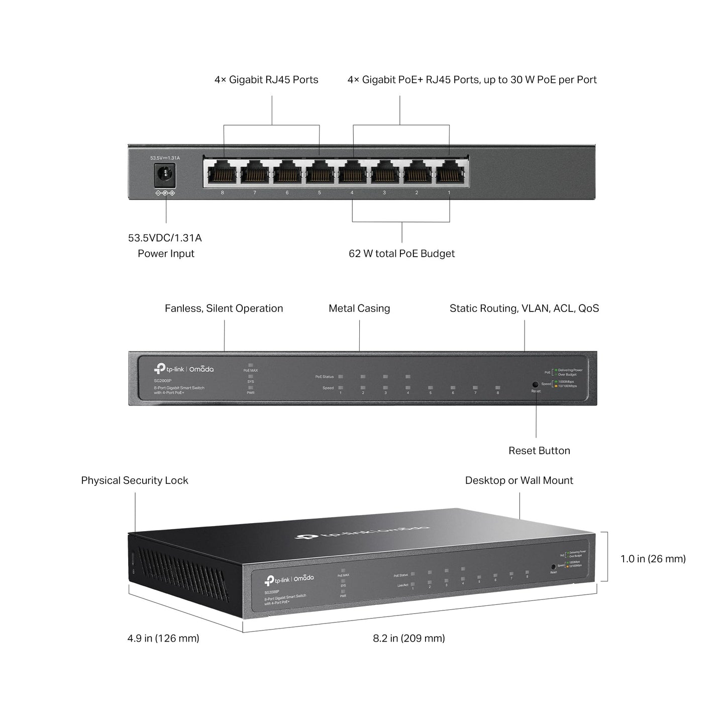 TP-Link TL-SG2008P | Jetstream 8 Port Gigabit Smart Managed PoE Switch | 4 PoE+ Port @62W | Omada SDN Integrated | PoE Recovery | IPv6 | Static
