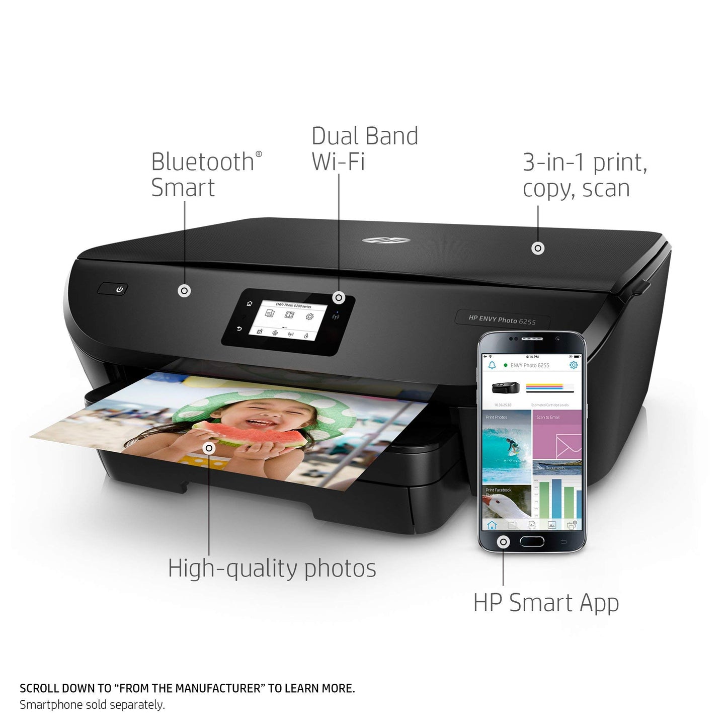 HP Envy Photo 6255 All in One Photo Printer with Wireless Printing, Instant Ink Ready (K7G18A) (Renewed)