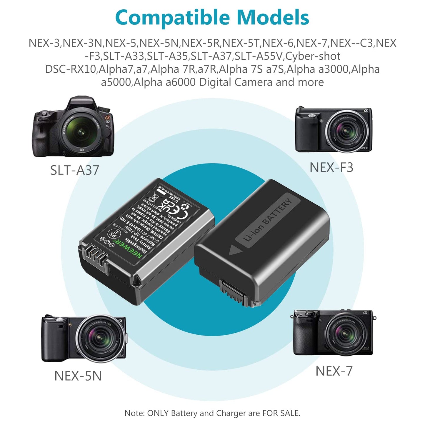 NEEWER NP-FW50 Camera Battery Charger Set Compatible with Sony ZV-E10 A7 A7R A7RII A7II A7SII A7S a6300 a6400 a6500 RX10 Series, 2 Pack 1100mAh