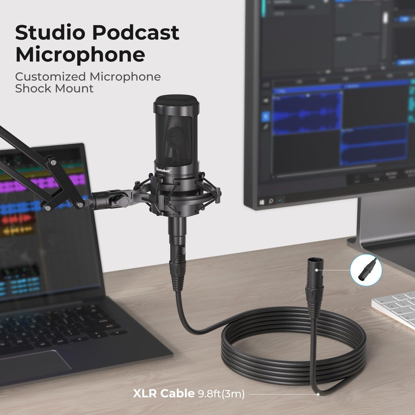 Borenbuir Mic for Asmr, for Audio Interface Cardioid Condenser Microphone XLR, Studio Recording microfono condensador with Shock mounts and Microphone