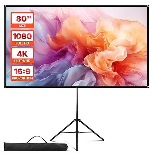 VEVOR Projector Screen with Stand, 80 Inch 160° Wide Angle Indoor Outdoor Projection Screen, 16:9 4K HD Wrinkleless Portable Tripod Screens with Carry