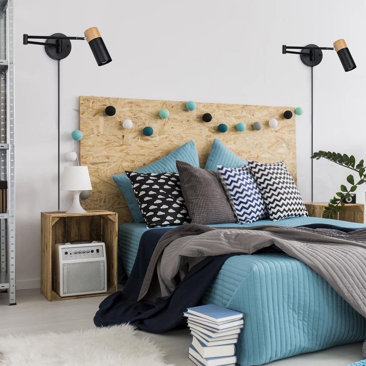 COSYLUX Modern Industrial Swing Arm Wall Lamp with Plug in Cord for Bedroom, Living Room, Office, Rotatable Lampshade Plug in Wall Sconces Light