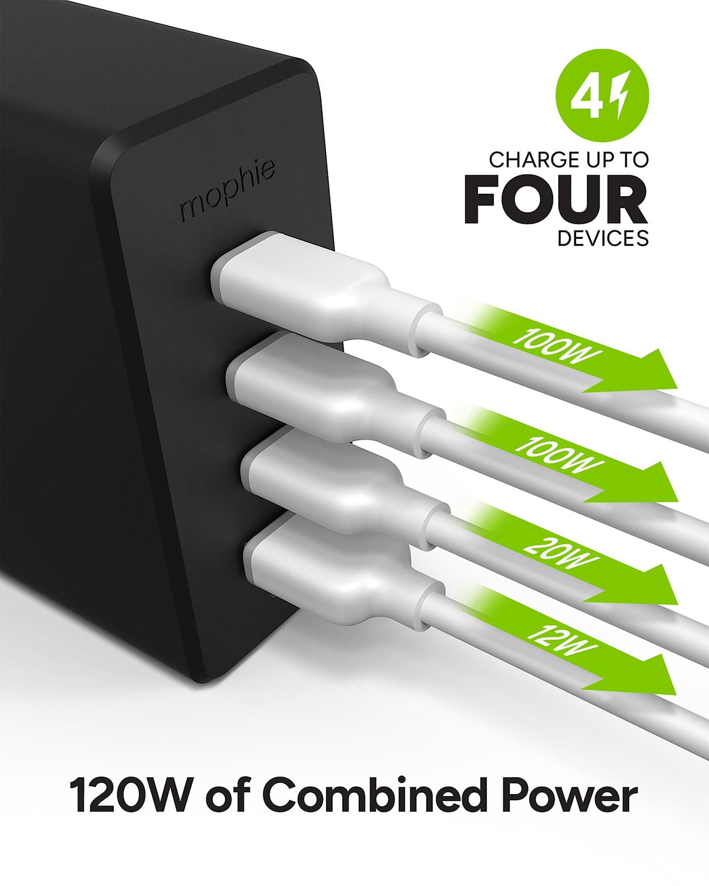 Mophie speedport 120 USB-C Charger GaN 120W, 4-Port Fast Compact Wall Charger for MacBook Pro/Air, iPad Pro, Samsung Galaxy S25/S24, Dell XPS 13