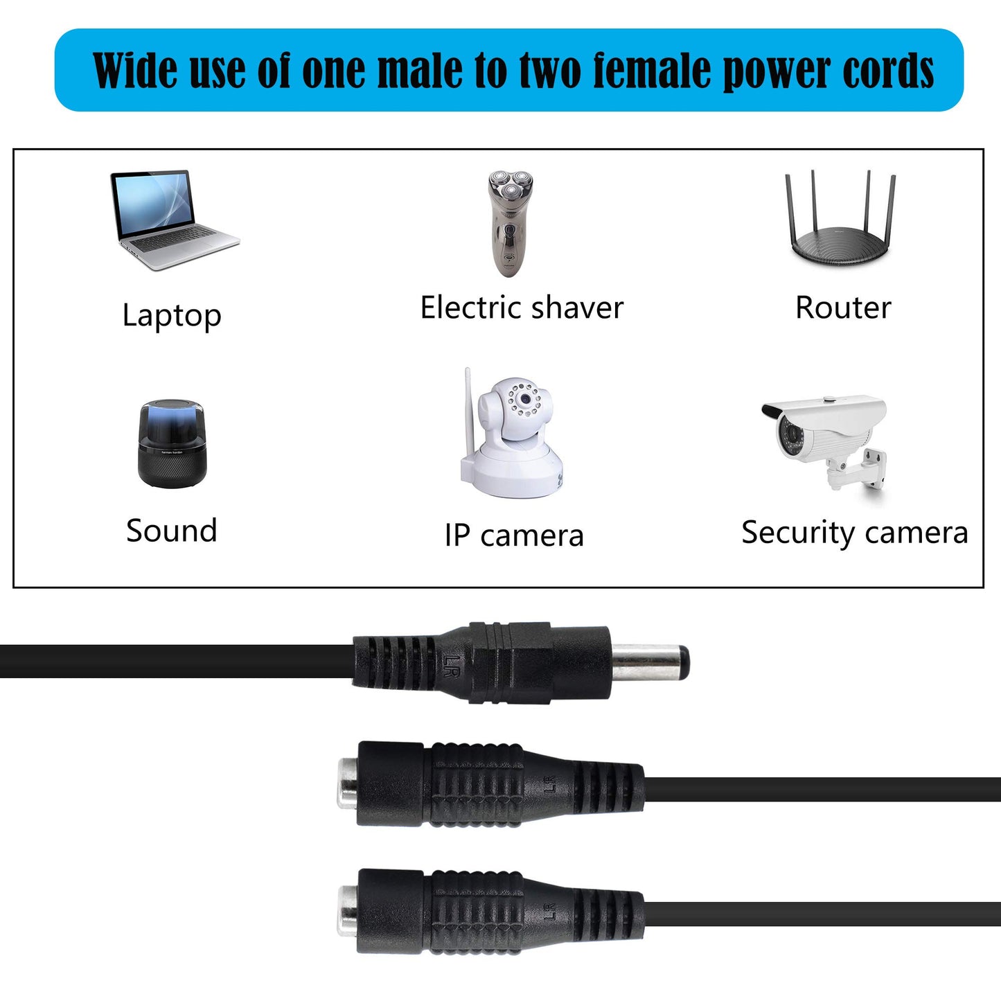 GINTOOYUN DC Y Splitter Cable 1 Male to 2 Female,5.5mm x 2.1mm DC Power Extension Adapter Cable,for CCTV Surveillance Cameras,Surveillance