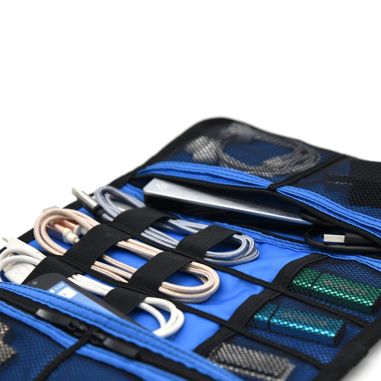 Patu Roll Up Electronics Accessories Travel Gear Organizer Case, Portable Universal External Batteries Hard Drives Cables Cosmetics Kit Bag, Navy