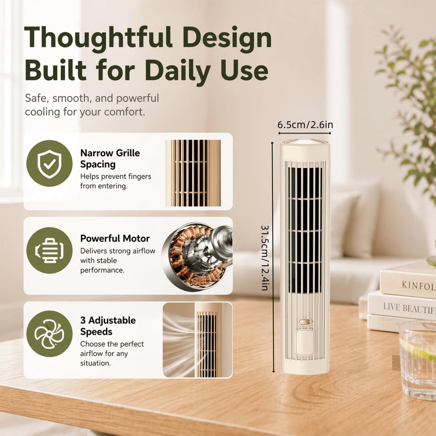 ZUSEOIA Portable Tower Fan, Quiet Bladeless Desk Fan with 3 Speeds, Rechargeable Mini Cooling Fan for Bedroom, Office & Travel, Vertical & Horizontal