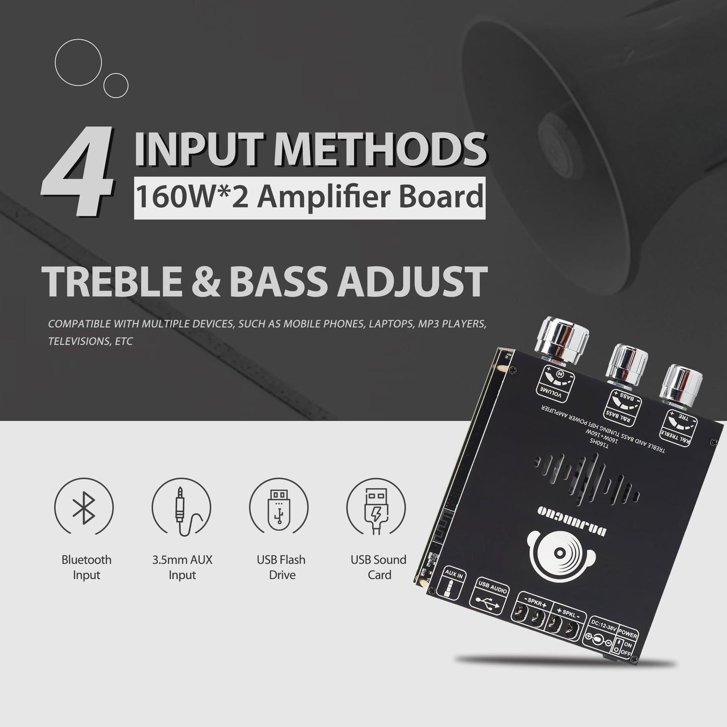 AUGUESLD T160HS 160W+160W Amplifier Board with Treble and Bass Control,2.0 Channel Stereo AMP Board,Bluetooth/AUX/USB Input DC 12-36V