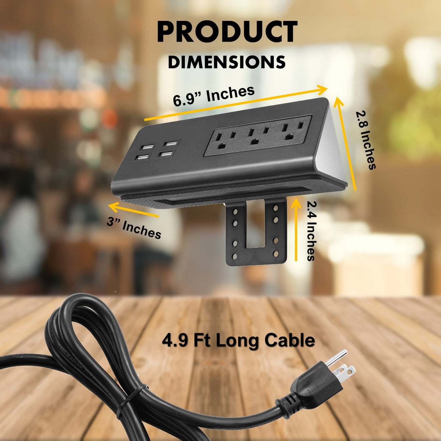 Kable Kontrol Desk Clamp Power Strip with 4 USB-A Ports, Nightstand Charging Station, 3 AC Outlets, Fast Charger, Easy Installation for Home, Offices