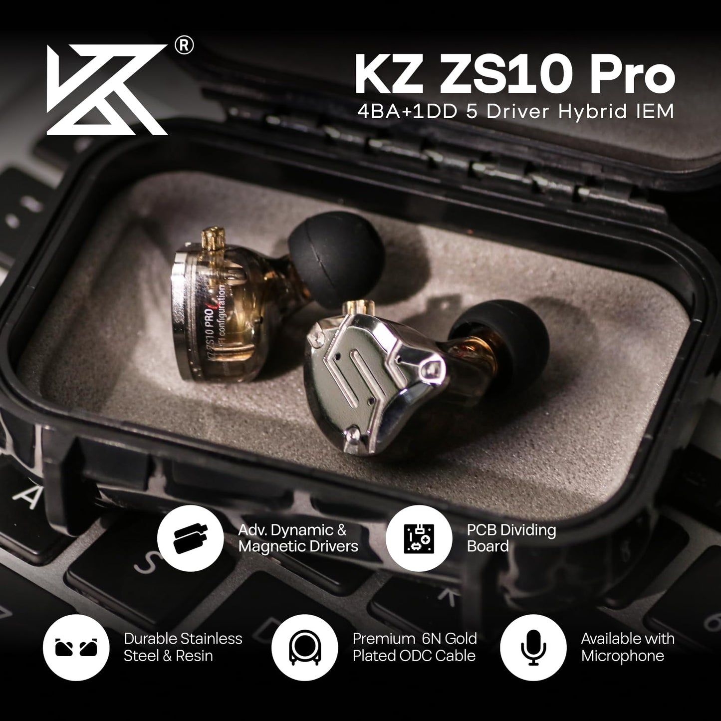 Linsoul KZ ZS10 Pro, 4BA+1DD 5 Driver in Ear Monitor, HiFi Wired Earbuds, Gaming Earbuds, Hybrid IEM Earphones with Stainless Steel Faceplate