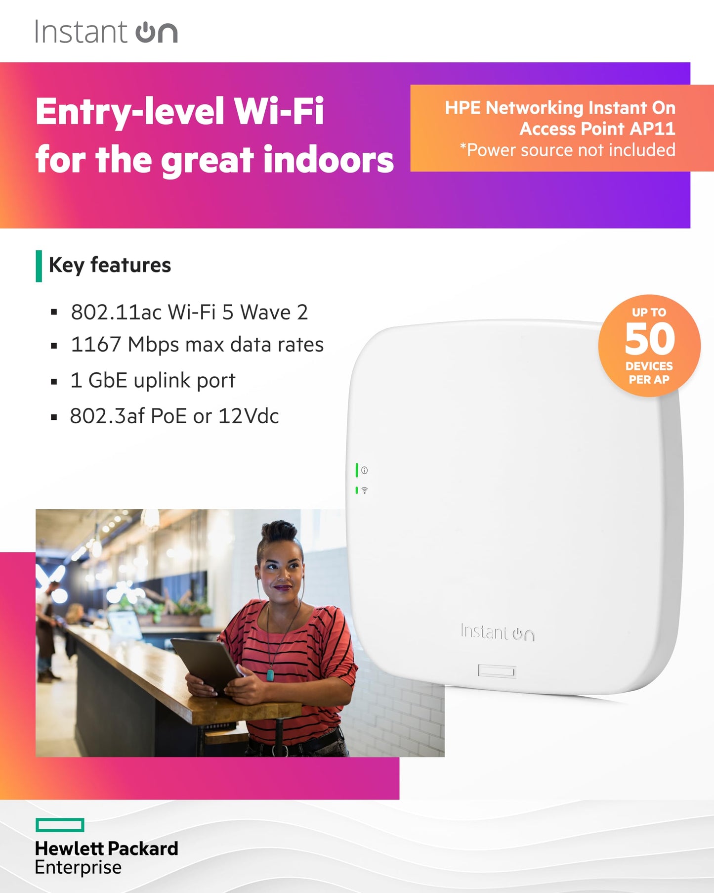 Aruba Instant On AP11 2x2 WiFi Access Point | US Model | Power Source Not Included (R2W95A)
