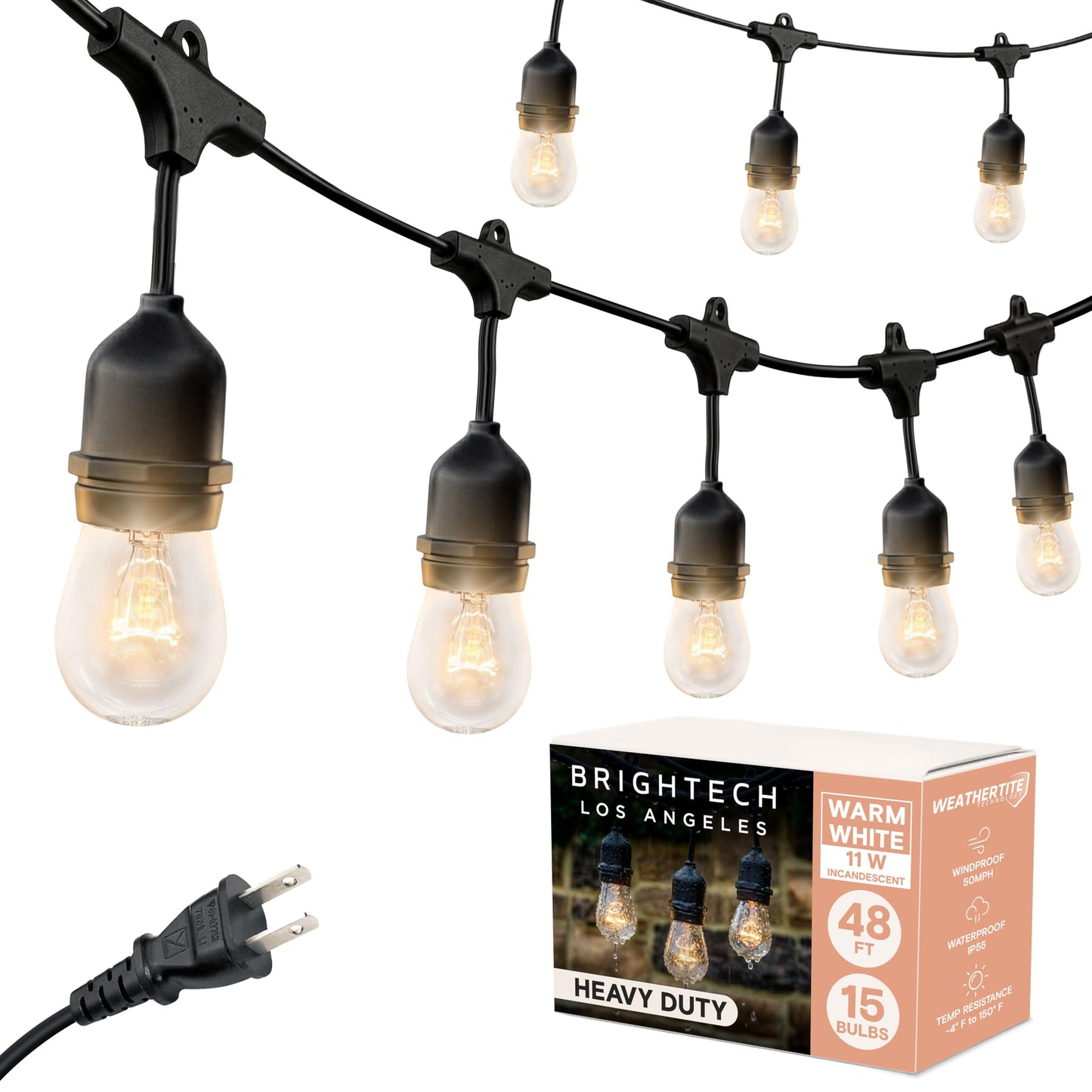 Brightech Ambience Pro Incandescent Outdoor String Lights - Commercial Grade Waterproof Patio Lights with 48 Ft Dimmable Edison Bulbs, Porch String