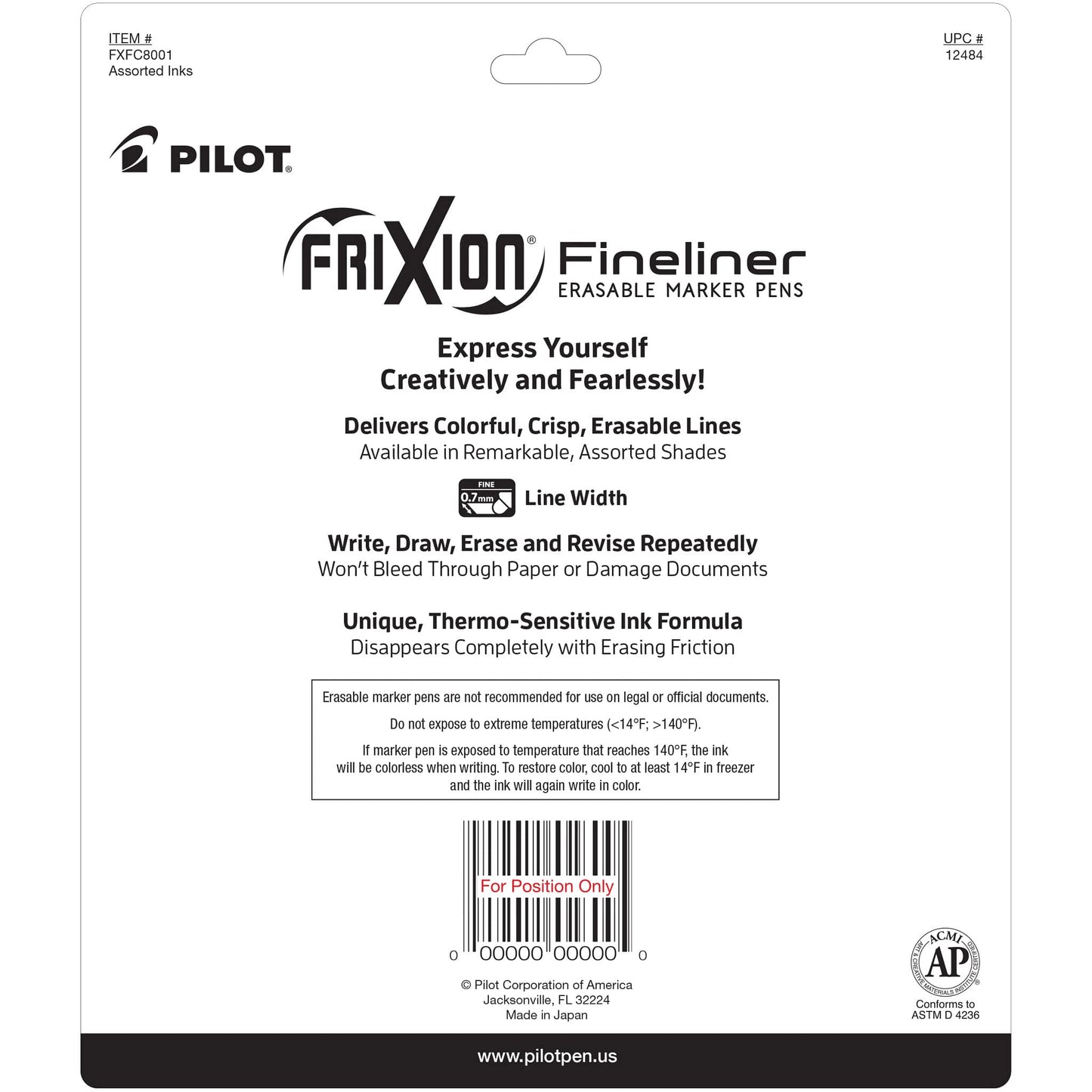Pilot FriXion Fineliner Erasable Marker Pens, Fine Point 0.7 mm, Pack of 8, Vivid Colors, Erasable Pens - Ideal for School, Journaling, & Office