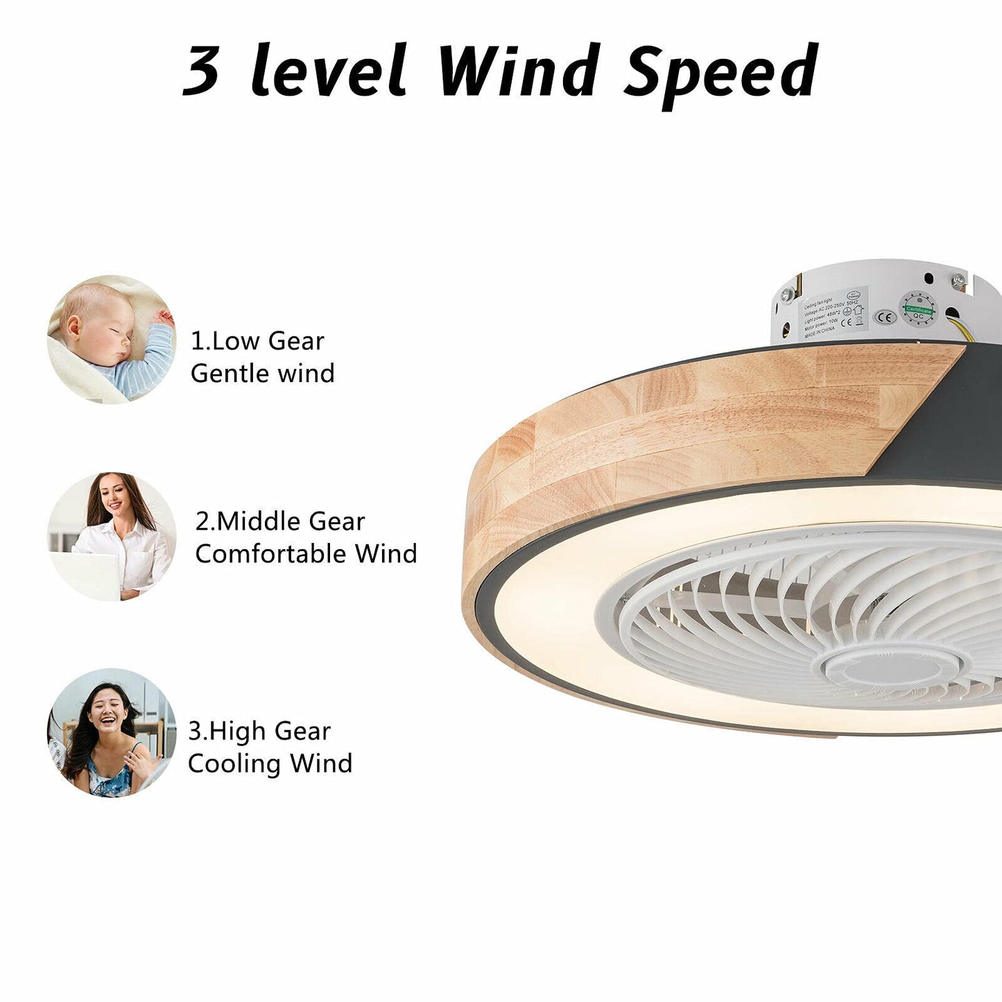 Ceiling Fan with Light and Remote Control, 22 Inch Modern LED Semi Flush Mount Light Fandelier, Mixed Wood Design,3 Lights Colors 3 Speeds,Enclosed