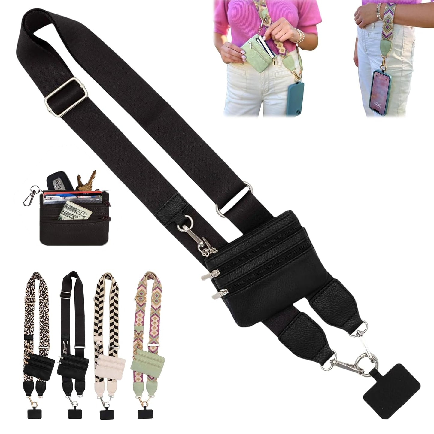 Rugwun Clip and Go Strap for Phone with Wallet Crossbody,Phones Strap with Zippered Pouch,Phone Straps Crossbody Travel Bag (A-Black)