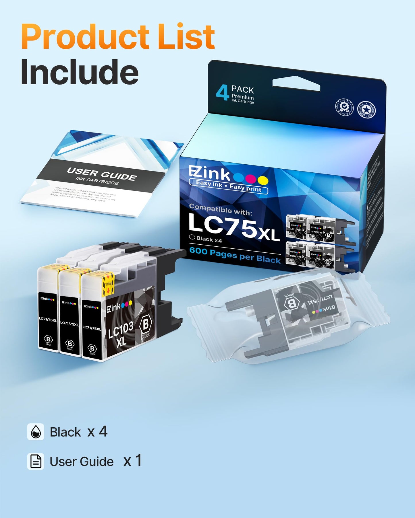 E-Z Ink Compatible Replacement for Brother LC75 LC71 Ink Cartridge 4 Black