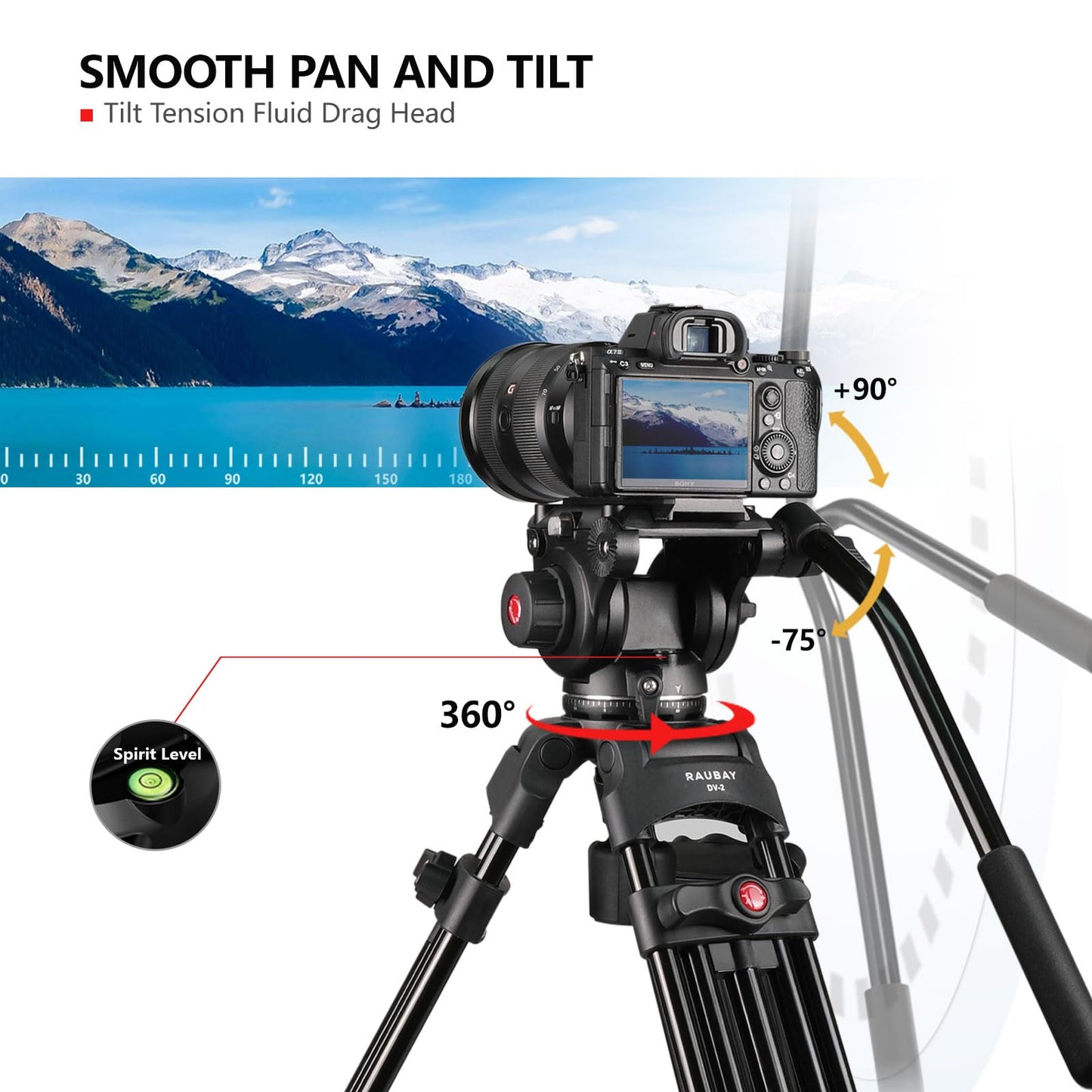 RAUBAY 69" Fluid Head Video Camera Tripod, Heavy Duty Camera Stands for Canon Nikon Sony DSLR, Camcorder, Digital Cine with Ground Spreader, Aluminium
