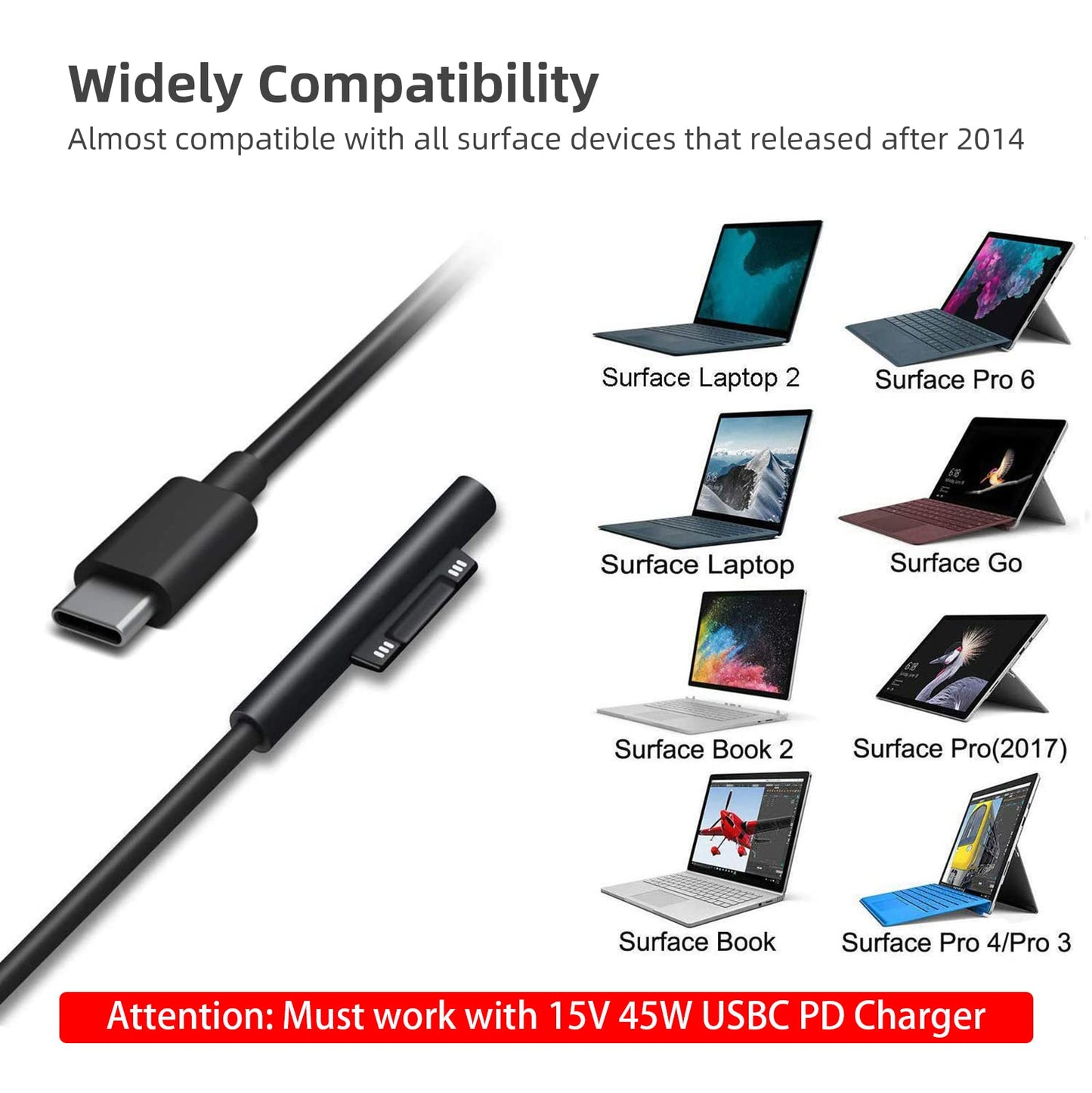 Sisyphy Surface Connect to USB-C Charging Cable (Black 10ft), Compatible for Microsoft Surface Pro 11/10/9/4/7/6/5/4/3 Go4/3/2/1 Laptop7/6/3/2/1