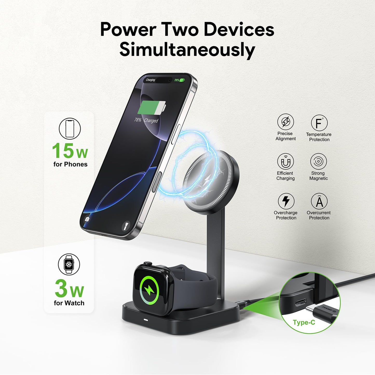 Esoulk 2 in 1 Wireless Charger for iPhone & Watch, 15W Fast Charging for Phone & 5W for Watch, Magnetic Wireless Charger Stand, Compact Foldable