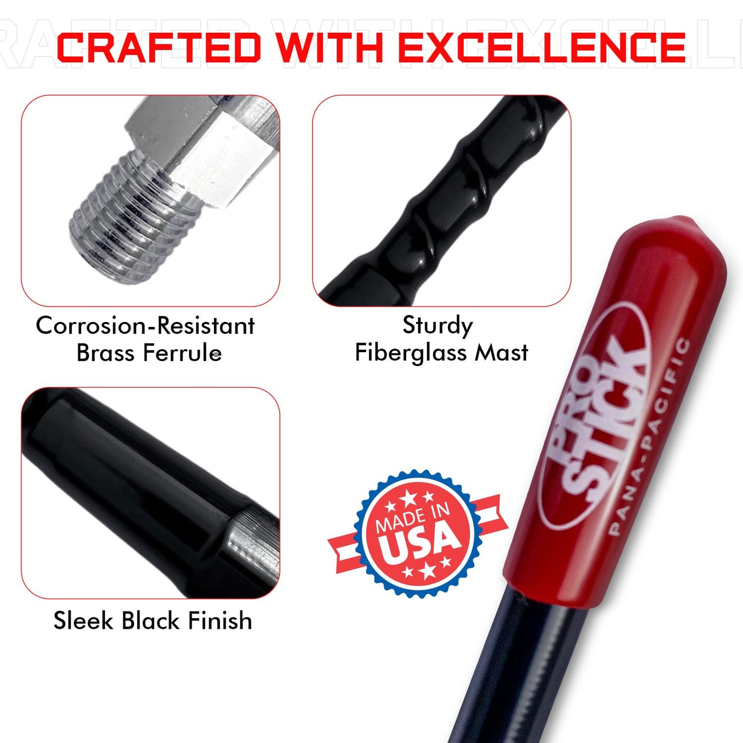 Prostick 2` Foot Fiberglass 1000 Watt - Black CB Radio Antenna with Heavy Duty Stainless Steel Spring