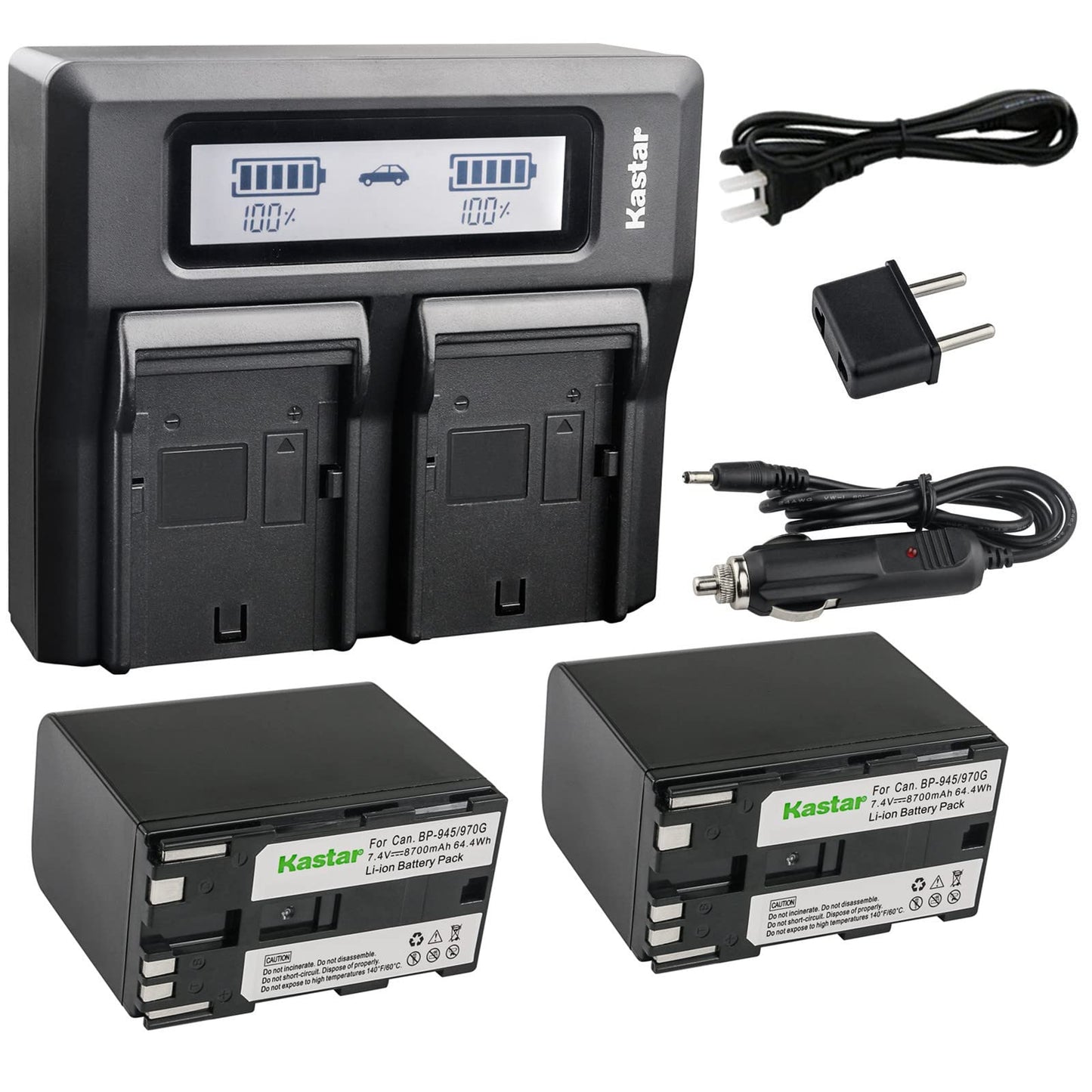 Kastar Fast LCD Charger + 2x Battery for Canon BP-970 BP-945 V420 V500 V520 XF100 XF105 XF200 XF205 XF300 XF305 XH-A1 XH-A1 HDV XH-A1S HD XH-A1sE HDV