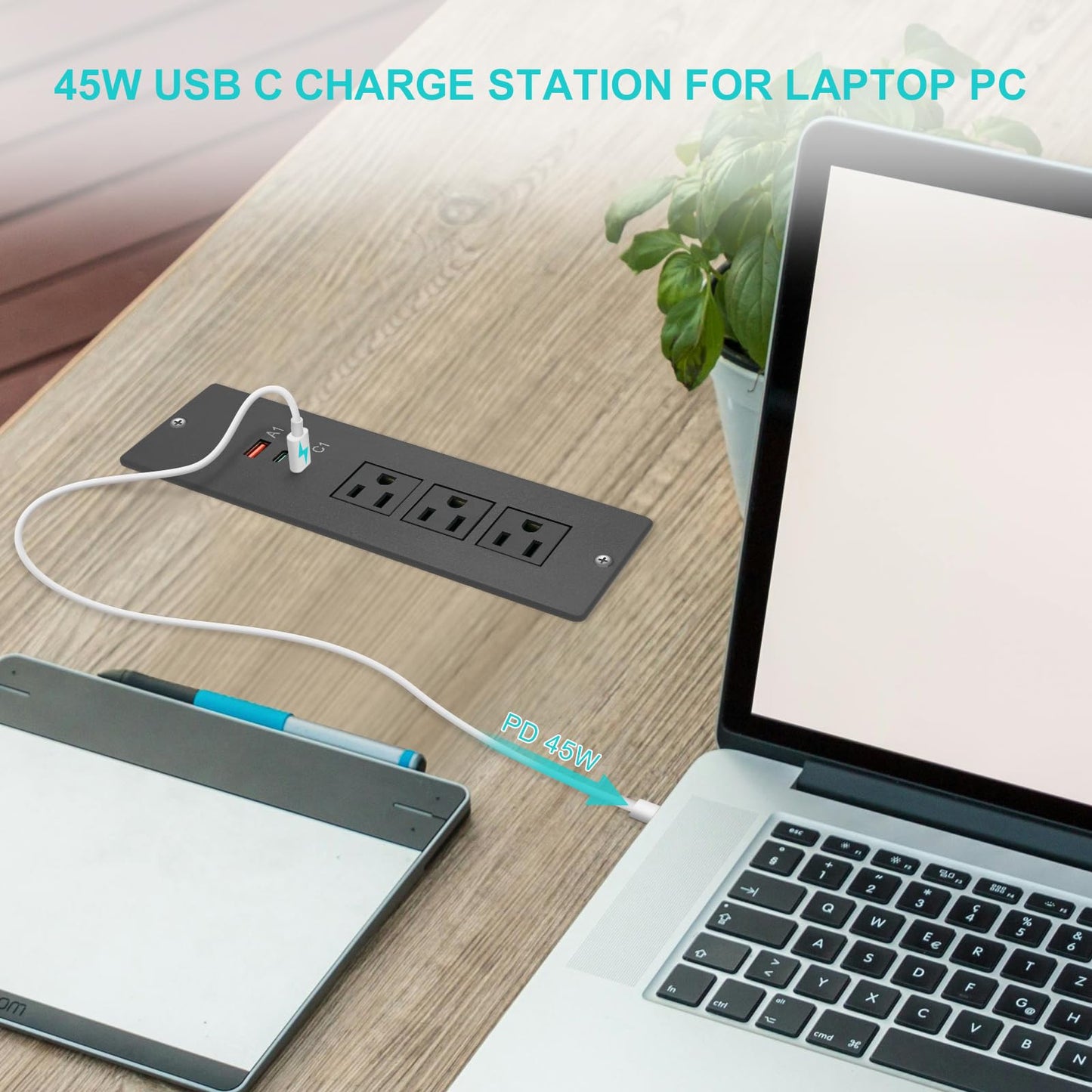 45W Recessed Power Strip USB C, Flush Mount Desk Extender 3 AC Outlets 2 PD USB-C&1 Fast Charge USB-A Ports,Flat Plug Extension Cord for Drawer