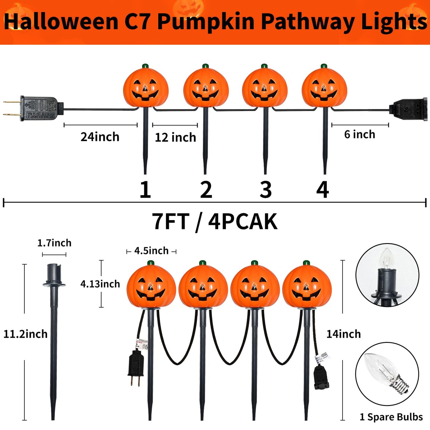 7Ft Halloween Decorations Pathway Lights Outdoor Pumpkin Stake Lights with 4 Jack-O Lantern Pumpkin Lights, 5 C7 LED Bulbs(1 Spare) and 4 Stakes
