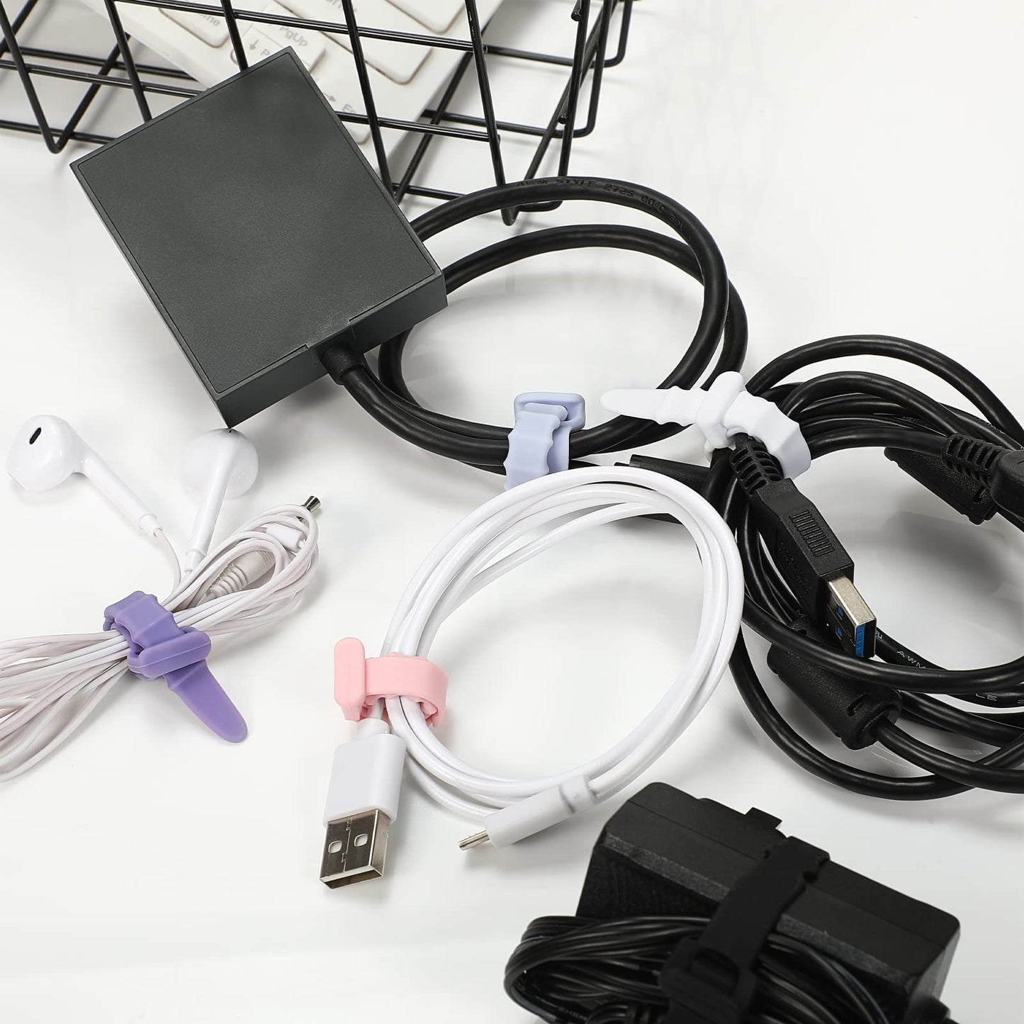 CDLV 40pcs Reusable Silicone Cable Ties, 4.5 inch Zip Ties for Wire Management, Elastic Cable Organizer, White, Black, Purple, Pink, Light Blue