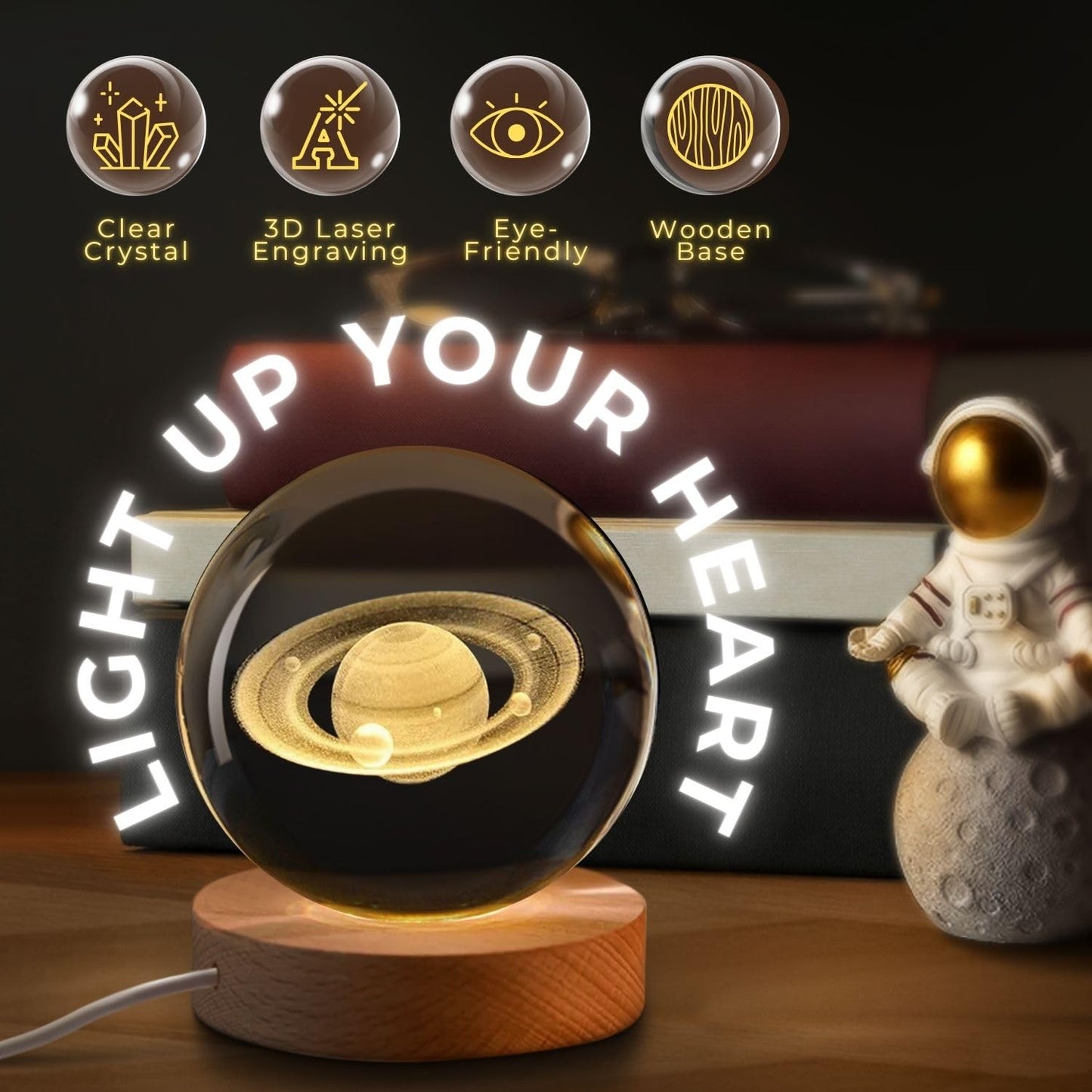 Flexzion 3D Saturn Crystal Ball Night Light - LED Light Hologram Glass Lamp w/Solid Wood Base, USB Powered Crystal Ball Lamp w/Adjustable Brightness