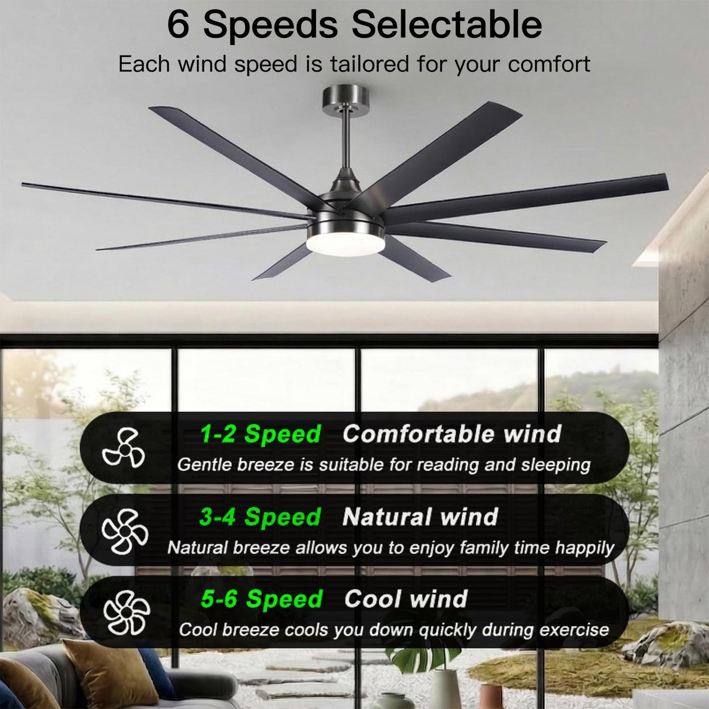 GLOVAO 72" Industrial Ceiling Fan with Light, 8 Blade, Brushed Nickel