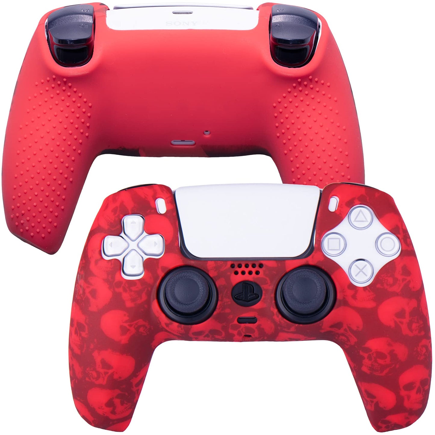 9CDeer 1 Piece of Silicone Transfer Print Protective Cover Skin + 10 Thumb Grips for PS5 Controller Skull Red