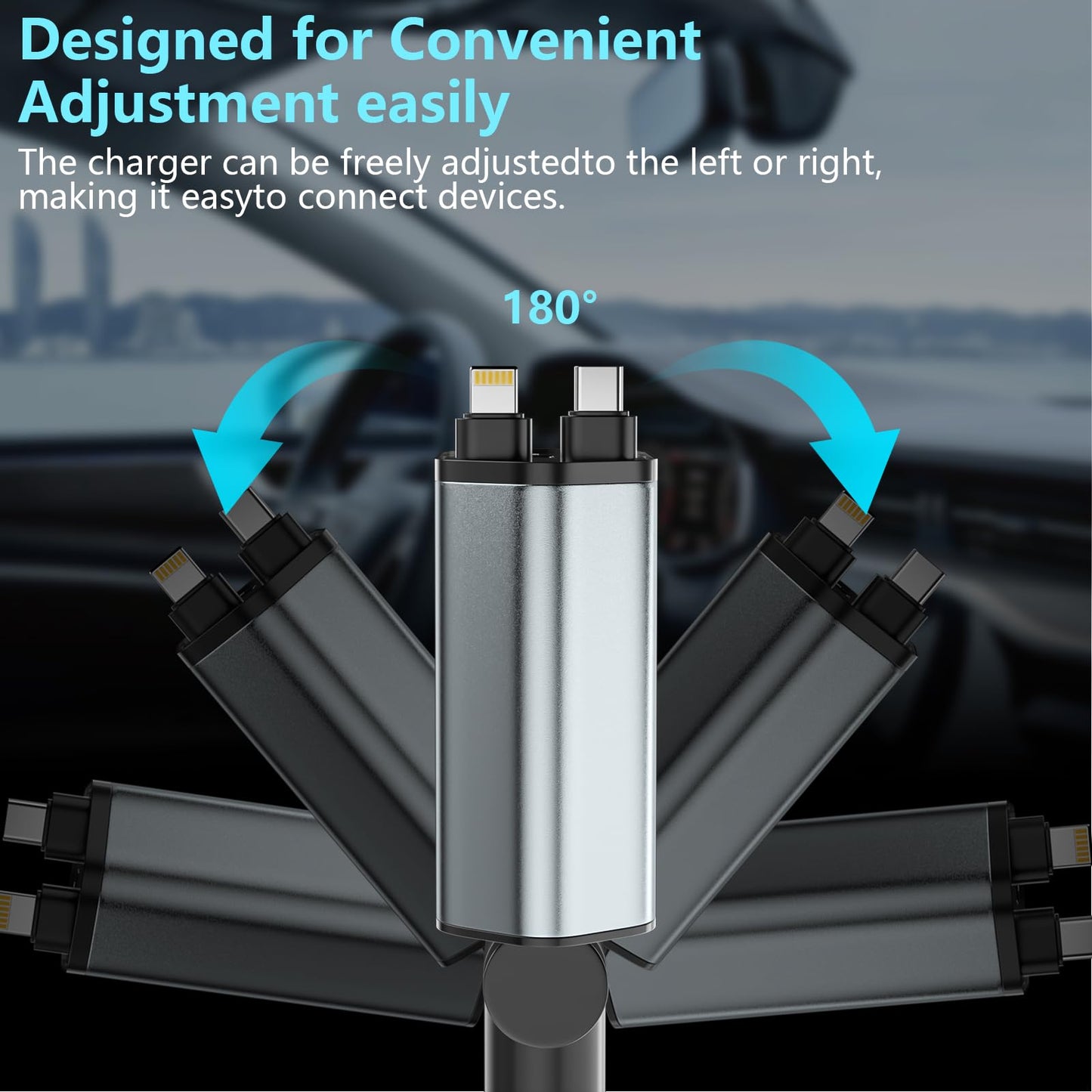 Retractable Car Charger, 120W 2.7Ft Retractable Cables and 4 Electronic Ports, Car Accessories Compatible for iOS & Android Cell Phones All Device