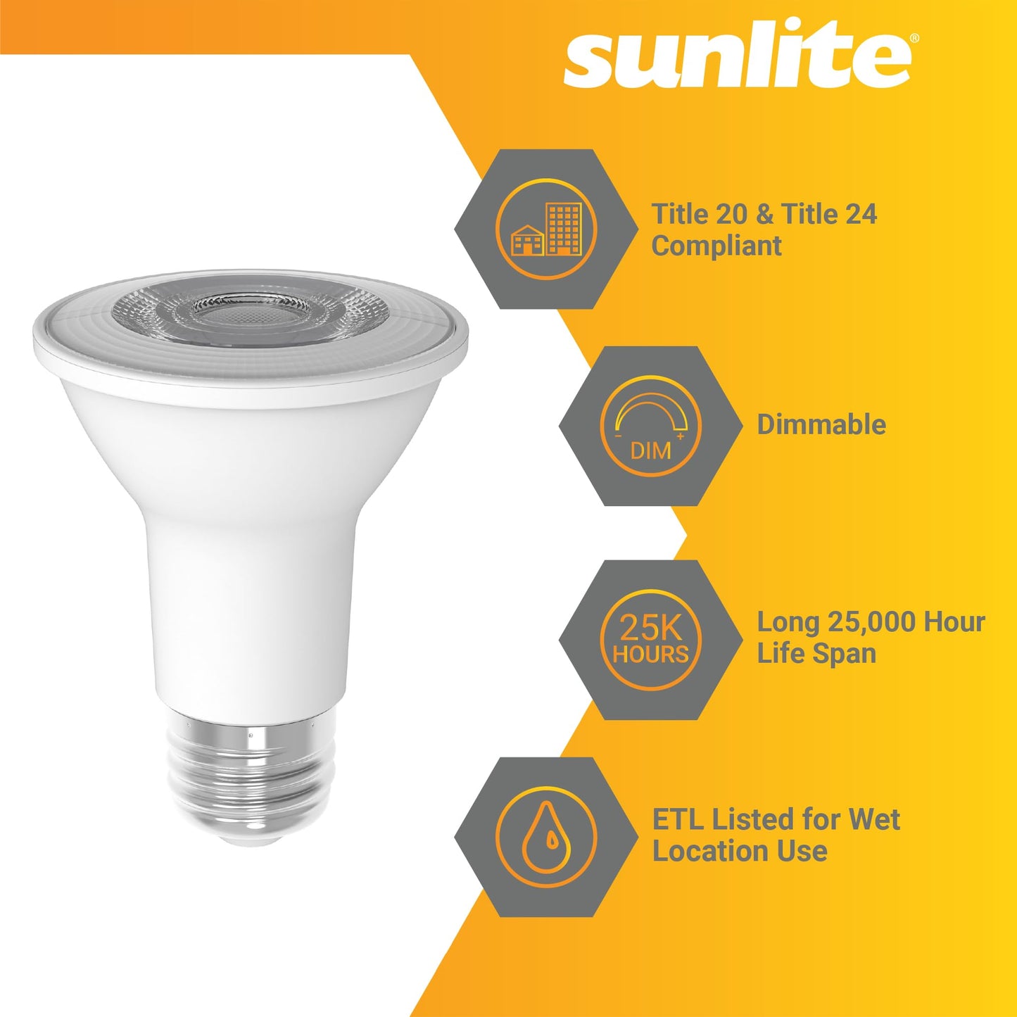 Sunlite LED PAR20 Light Bulb, 6 Watt (50W Halogen EQ), 500 Lumens, 35° Flood Beam, Medium E26 Base, 90 CRI, Dimmable, Title-20/24/CEC Compliant, 120V