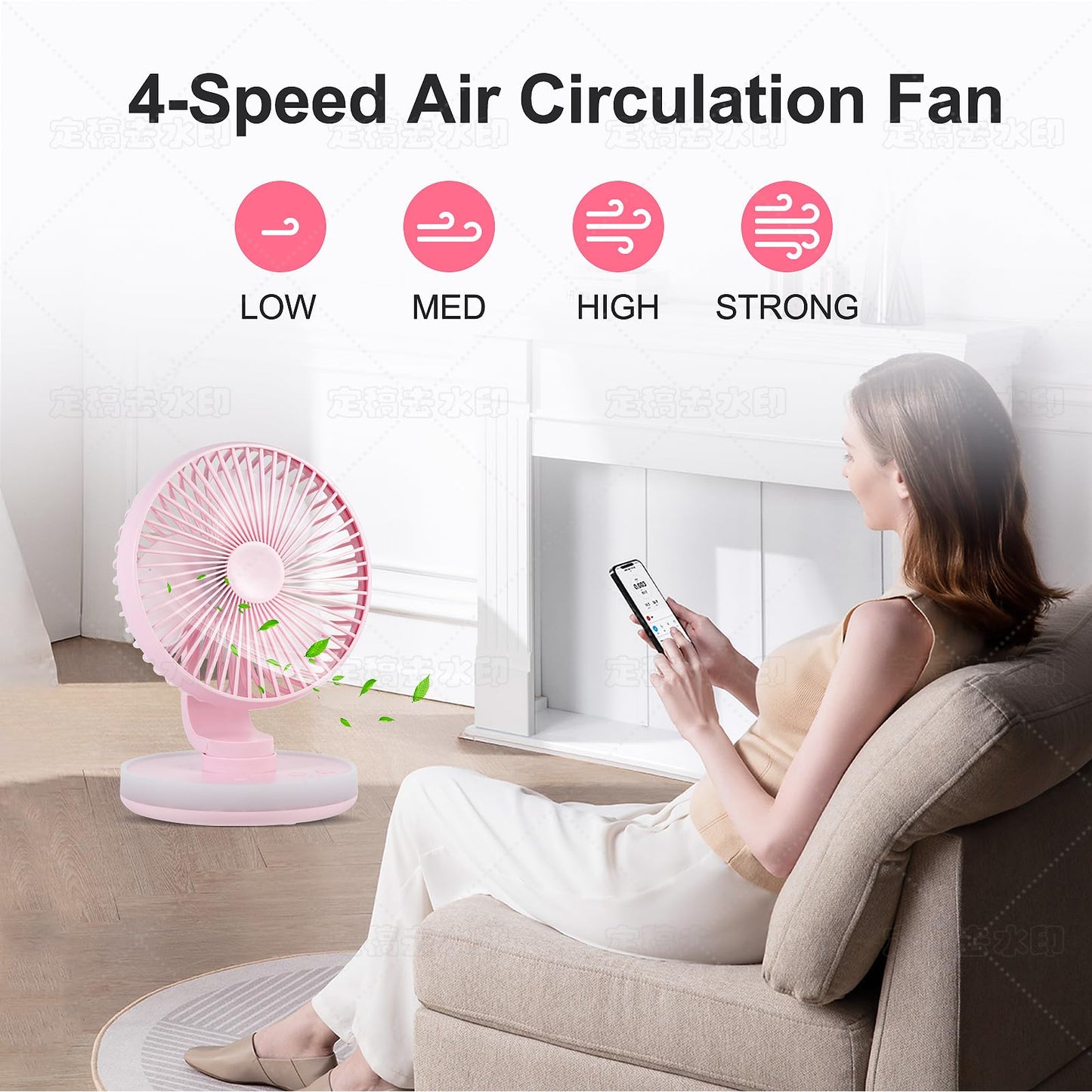 MAWFOZIN Small Desk Fan With Night Light, Auto Oscillating Table Fan With 3000mAh Rechargeable Battery, USB Personal Fan With 4 Speeds Wind